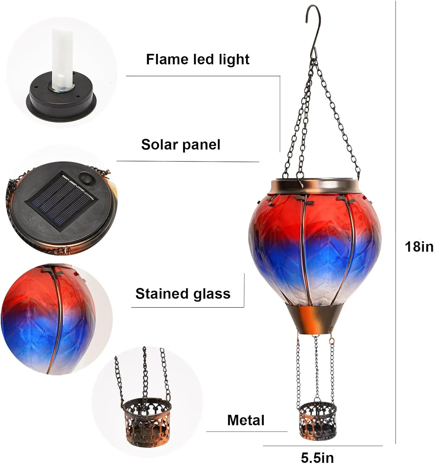 Gifts for Mothers Hot Air Balloon Solar Lantern with Flickering Flame Light Outdoor Solar Hanging Lights Waterproof for Garden Yard Farmhouse Patio Pathway Outside Decoration,Glass(Red&Blue)