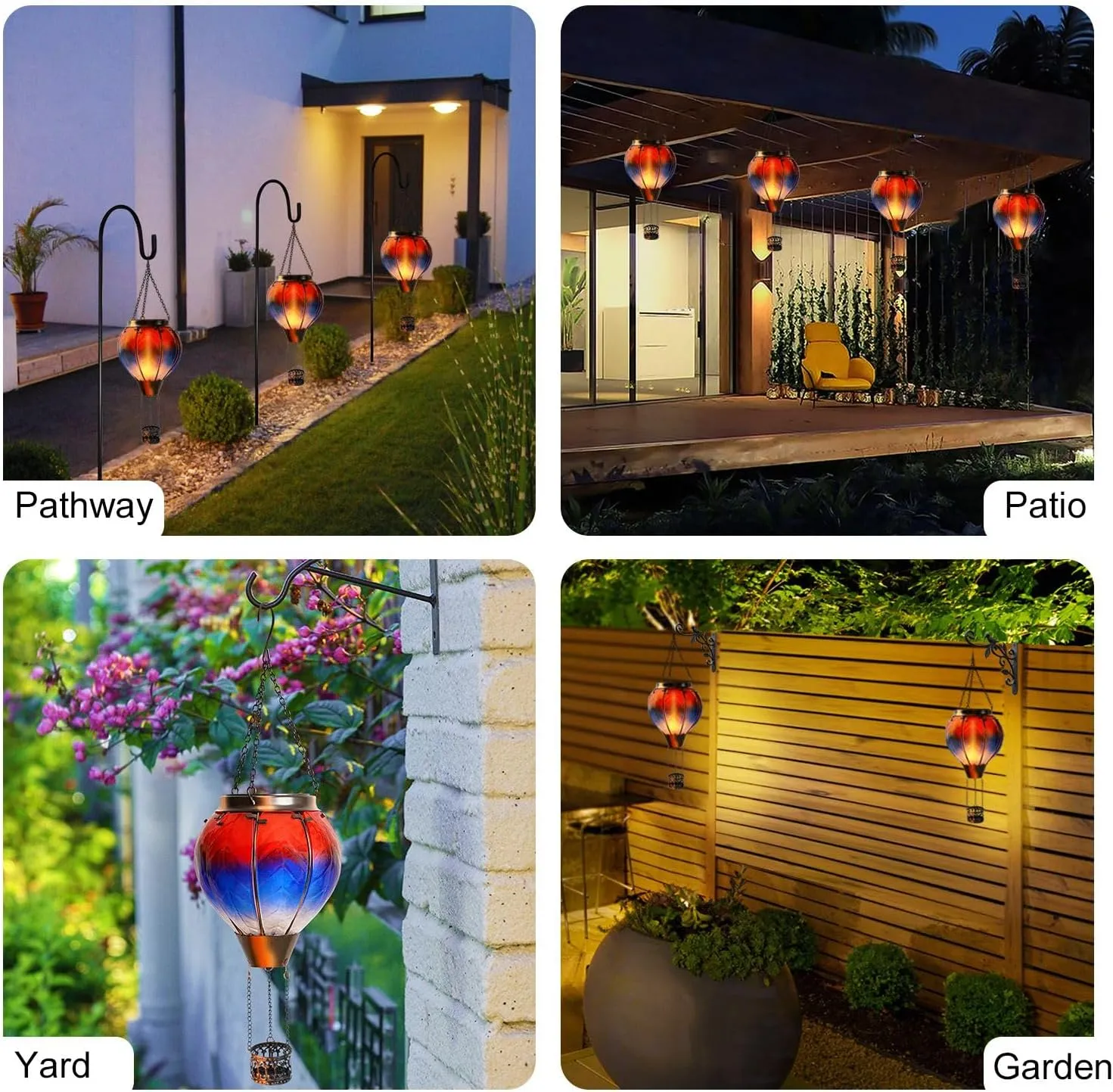 Gifts for Mothers Hot Air Balloon Solar Lantern with Flickering Flame Light Outdoor Solar Hanging Lights Waterproof for Garden Yard Farmhouse Patio Pathway Outside Decoration,Glass(Red&Blue)