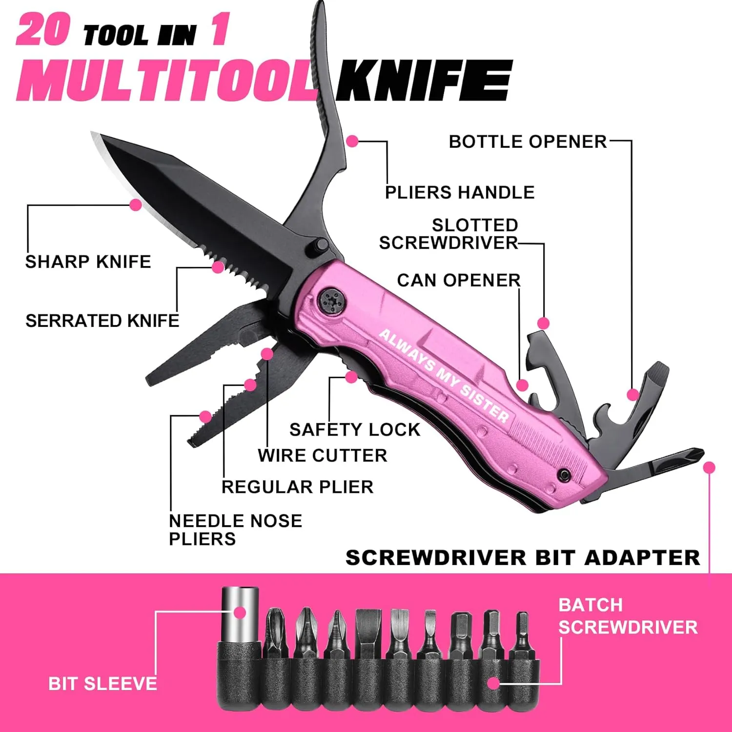 Gifts for Sister, ALWAYS MY SISTER P-ink Multitool Knife, Sisters Gifts from Sister, Sister Christmas Gift, Birthday Gifts Ideas for Sister, Sister Birthday Gift