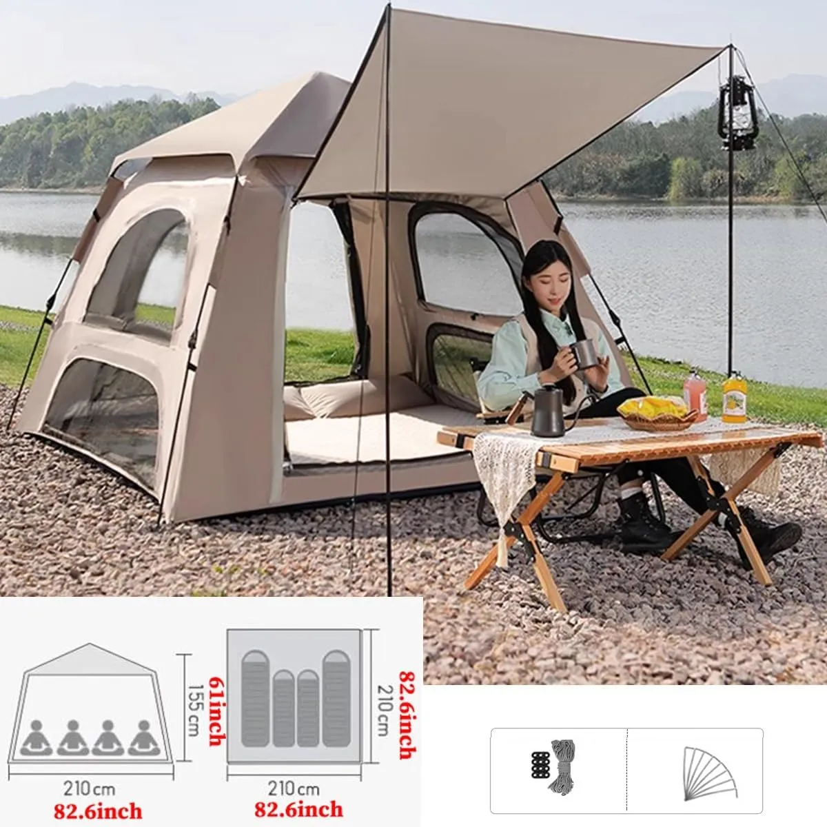 GIZNXBA Instant Pop Up Tent for Camping, 3-5 Person Camping Tents Portable Waterproof Automatic Easy Setup Tent with 4 Windows and 2 Doors for Outdoor Camping Beach Travel