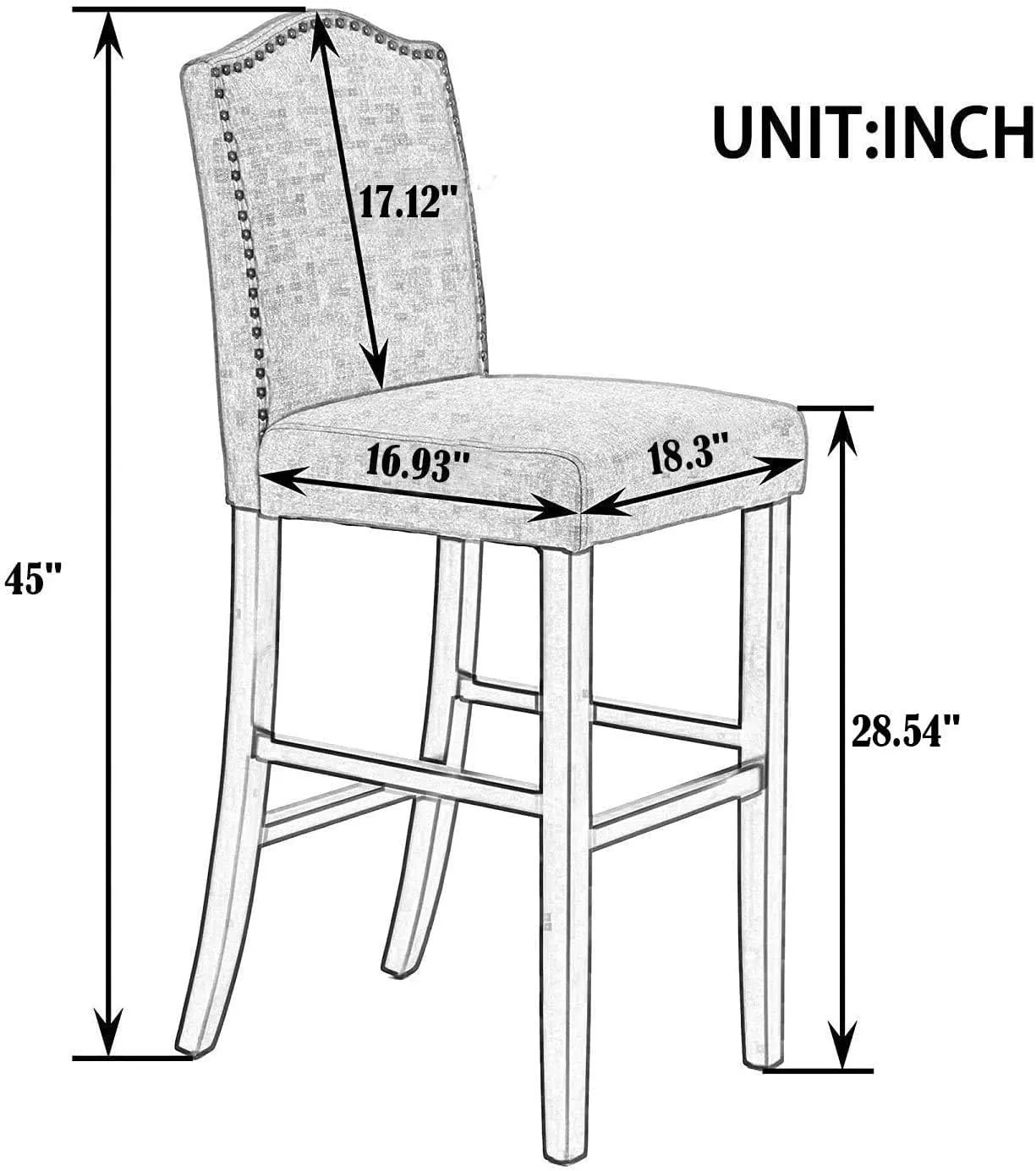 Glitzhome Bar Stools Set of 2, 45" H White Bonded Leather Armless Barchair with High-Back Studded Solid Rubberwood Legs for Kitchen Island Breakfast Chair for Dining Room, Party Room & Restaurant