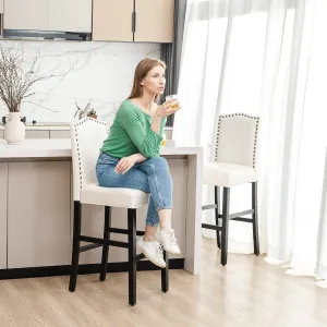 Glitzhome Bar Stools Set of 2, 45" H White Bonded Leather Armless Barchair with High-Back Studded Solid Rubberwood Legs for Kitchen Island Breakfast Chair for Dining Room, Party Room & Restaurant