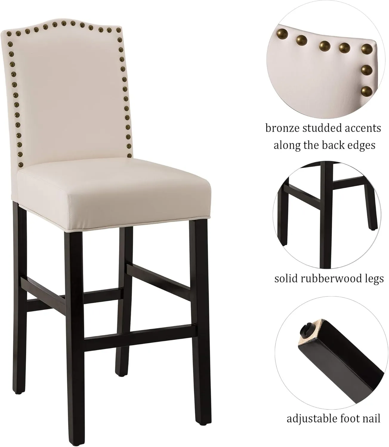 Glitzhome Bar Stools Set of 2, 45" H White Bonded Leather Armless Barchair with High-Back Studded Solid Rubberwood Legs for Kitchen Island Breakfast Chair for Dining Room, Party Room & Restaurant