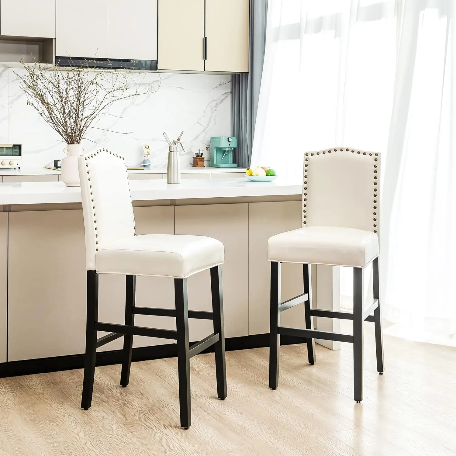 Glitzhome Bar Stools Set of 2, 45" H White Bonded Leather Armless Barchair with High-Back Studded Solid Rubberwood Legs for Kitchen Island Breakfast Chair for Dining Room, Party Room & Restaurant