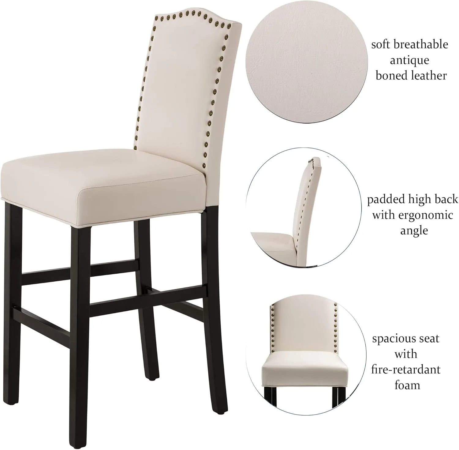 Glitzhome Bar Stools Set of 2, 45" H White Bonded Leather Armless Barchair with High-Back Studded Solid Rubberwood Legs for Kitchen Island Breakfast Chair for Dining Room, Party Room & Restaurant