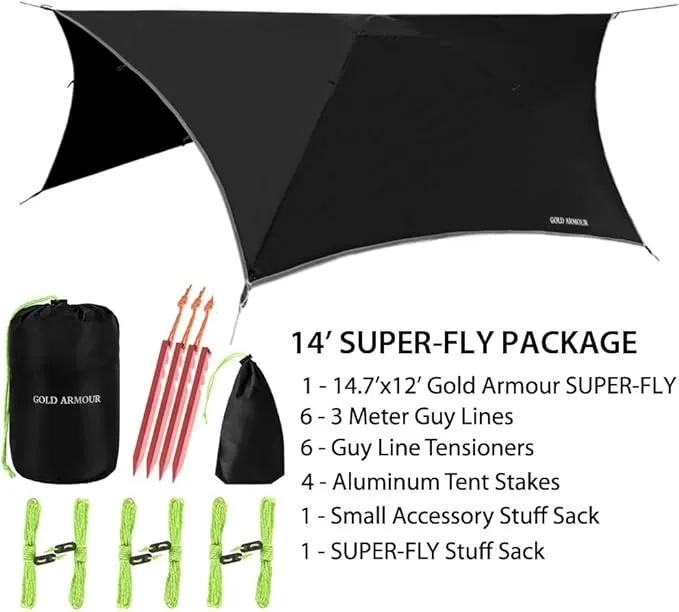 Gold Armour Rainfly Tarp for Hammock and for Tent, Camping Essentials Rain Fly Cover, Waterproof Lightweight Camping Accessories, Survival Camping Gear Camping Tent Accessories (Black)