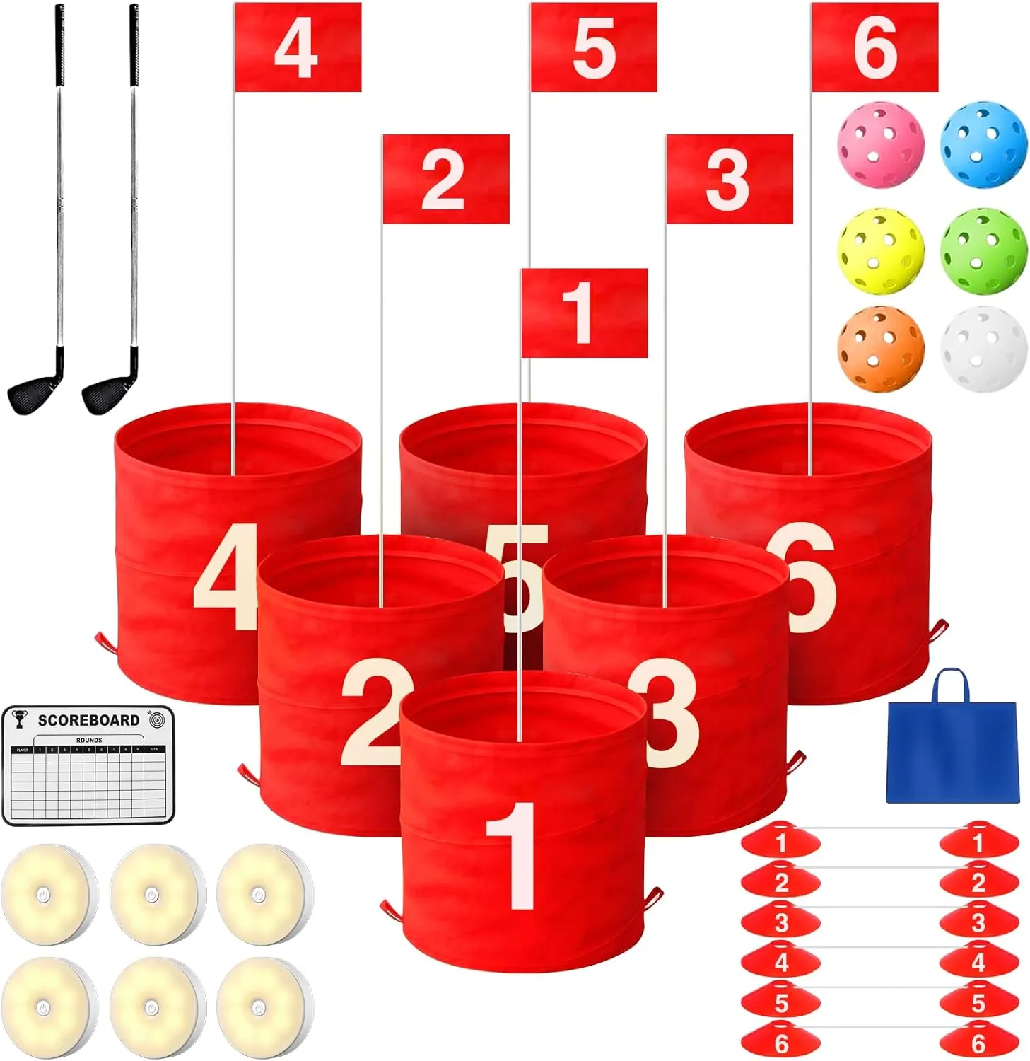 Golf Games, Golf Yard Games with LED Light and Club, Portable Golf Practice Outdoor Games 6 Hole Set, Golf Bucket for Home Adults Kids Lawn, Beach, Yard, Camping