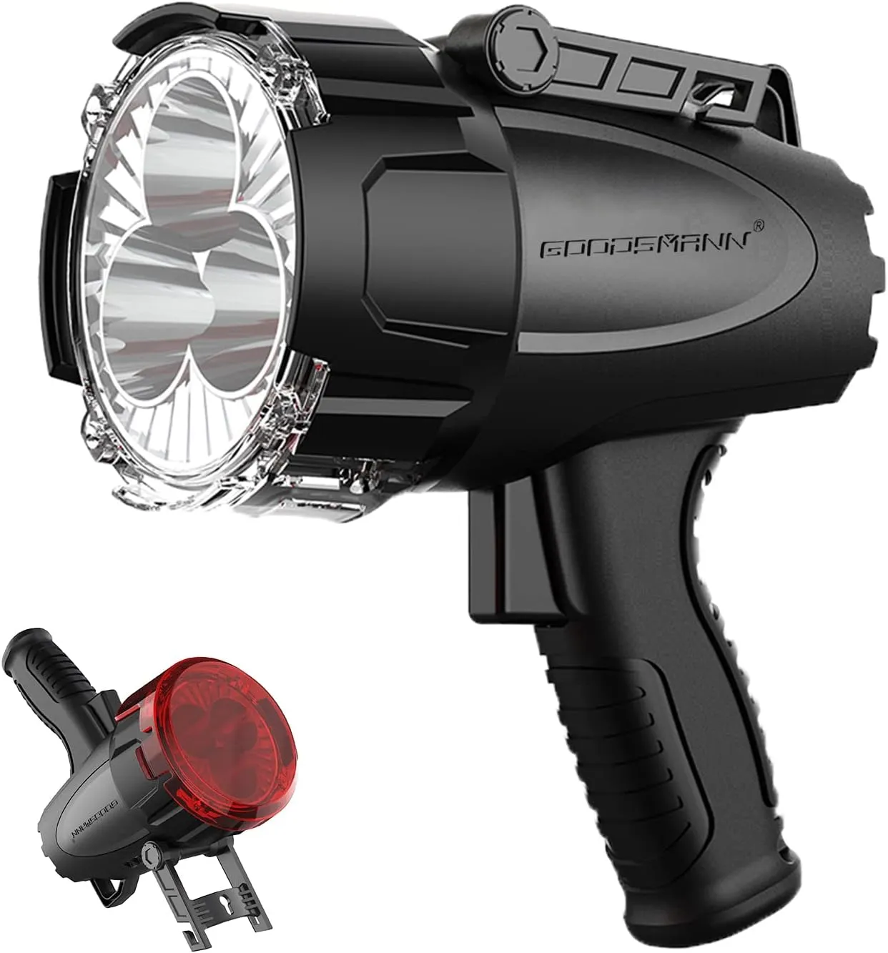 GOODSMANN Rechargeable Marine Spotlight LED 6000 Lumen Portable Handheld Spot Light Waterproof Searchlight 70W Hunting Work Flashlight with USB Adapter Car Charger EVA Carrying Case Red Lens Filter