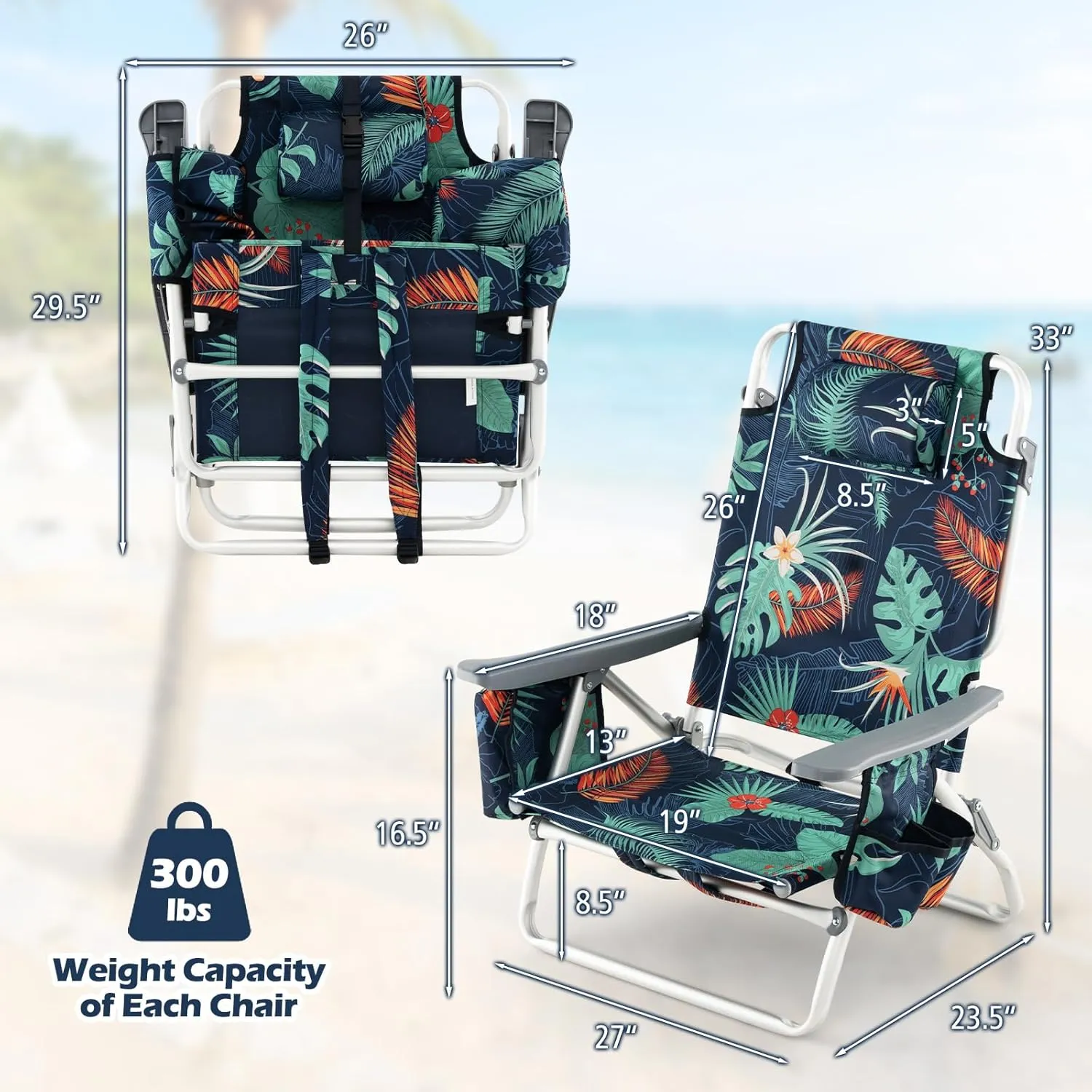 Goplus Beach Chair, Folding Backpack Beach Chairs for Adults with 5 Positions, Head Pillow, Cooler Bag, Towel Bar, Cup Holders, Sunbath Sling Tanning Lounge, Foldable Layout Camping Chairs