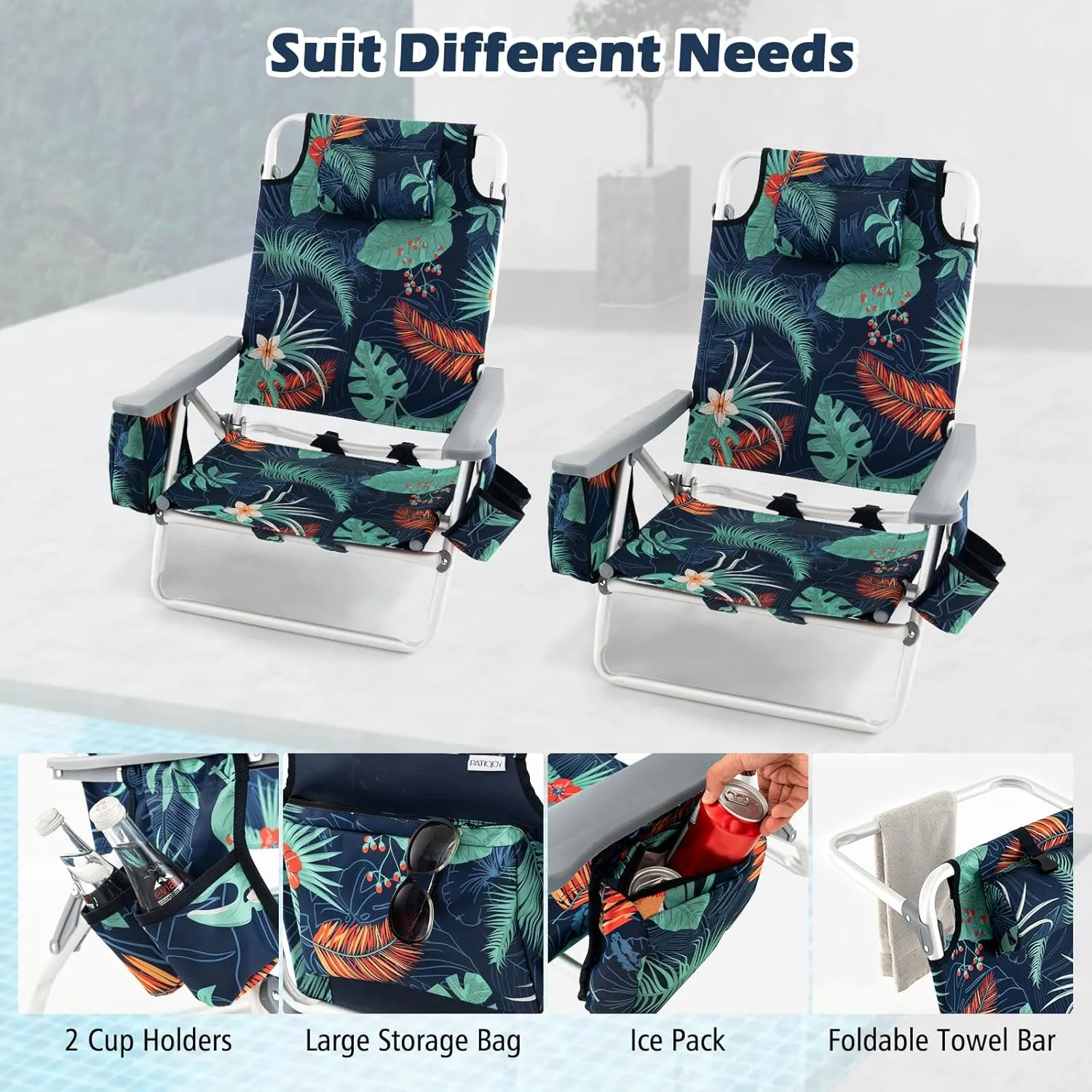 Goplus Beach Chair, Folding Backpack Beach Chairs for Adults with 5 Positions, Head Pillow, Cooler Bag, Towel Bar, Cup Holders, Sunbath Sling Tanning Lounge, Foldable Layout Camping Chairs