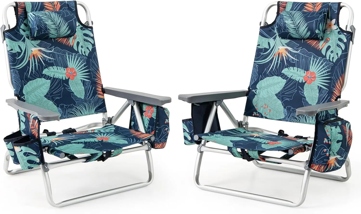 Goplus Beach Chair, Folding Backpack Beach Chairs for Adults with 5 Positions, Head Pillow, Cooler Bag, Towel Bar, Cup Holders, Sunbath Sling Tanning Lounge, Foldable Layout Camping Chairs