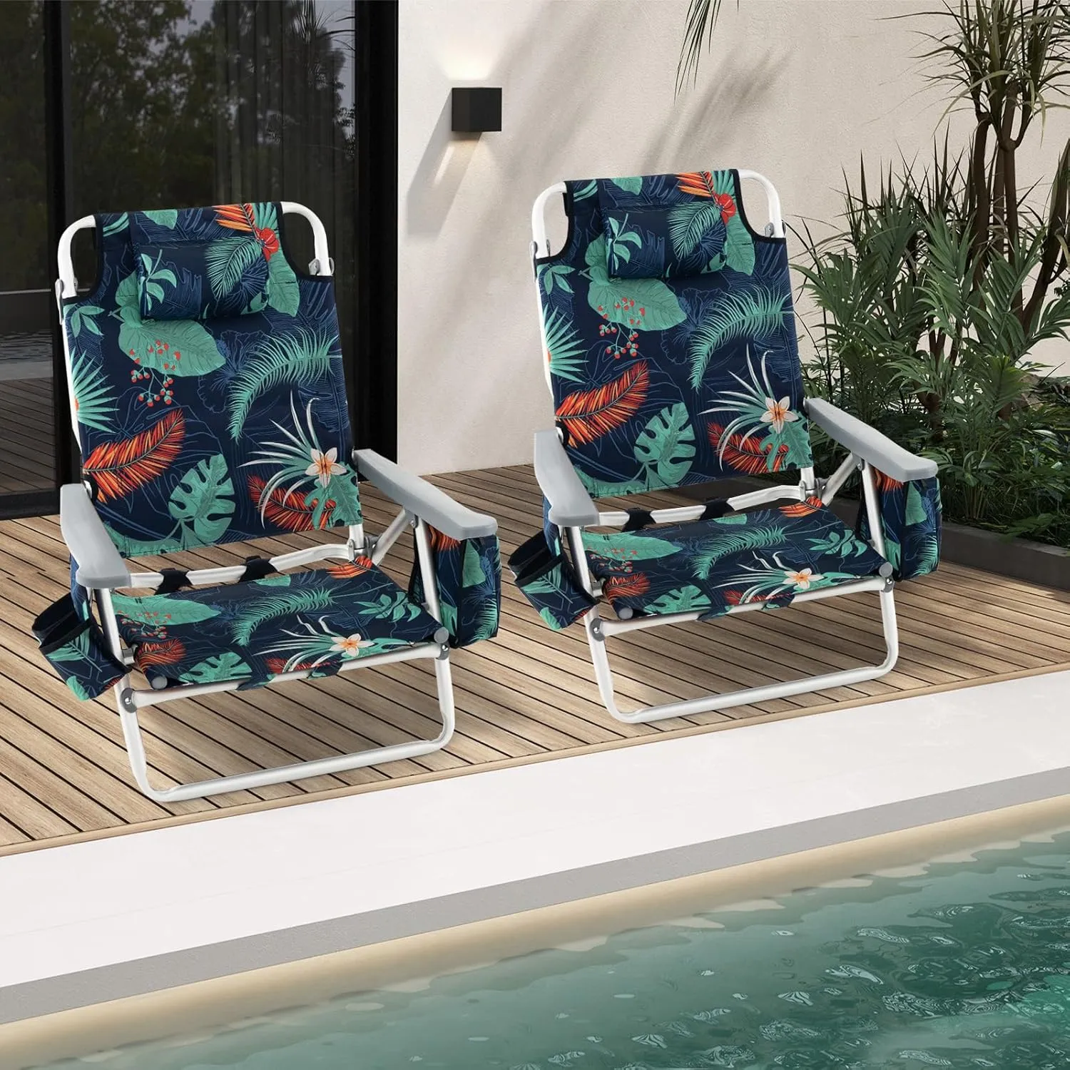 Goplus Beach Chair, Folding Backpack Beach Chairs for Adults with 5 Positions, Head Pillow, Cooler Bag, Towel Bar, Cup Holders, Sunbath Sling Tanning Lounge, Foldable Layout Camping Chairs