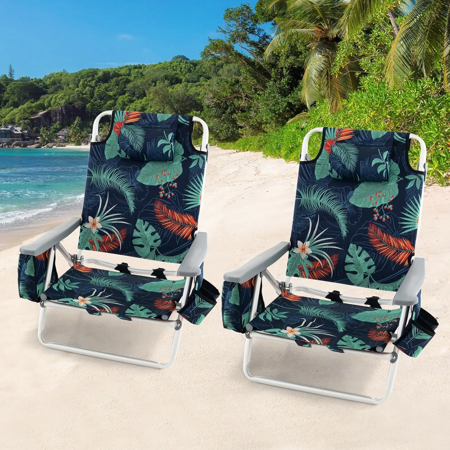 Goplus Beach Chair, Folding Backpack Beach Chairs for Adults with 5 Positions, Head Pillow, Cooler Bag, Towel Bar, Cup Holders, Sunbath Sling Tanning Lounge, Foldable Layout Camping Chairs