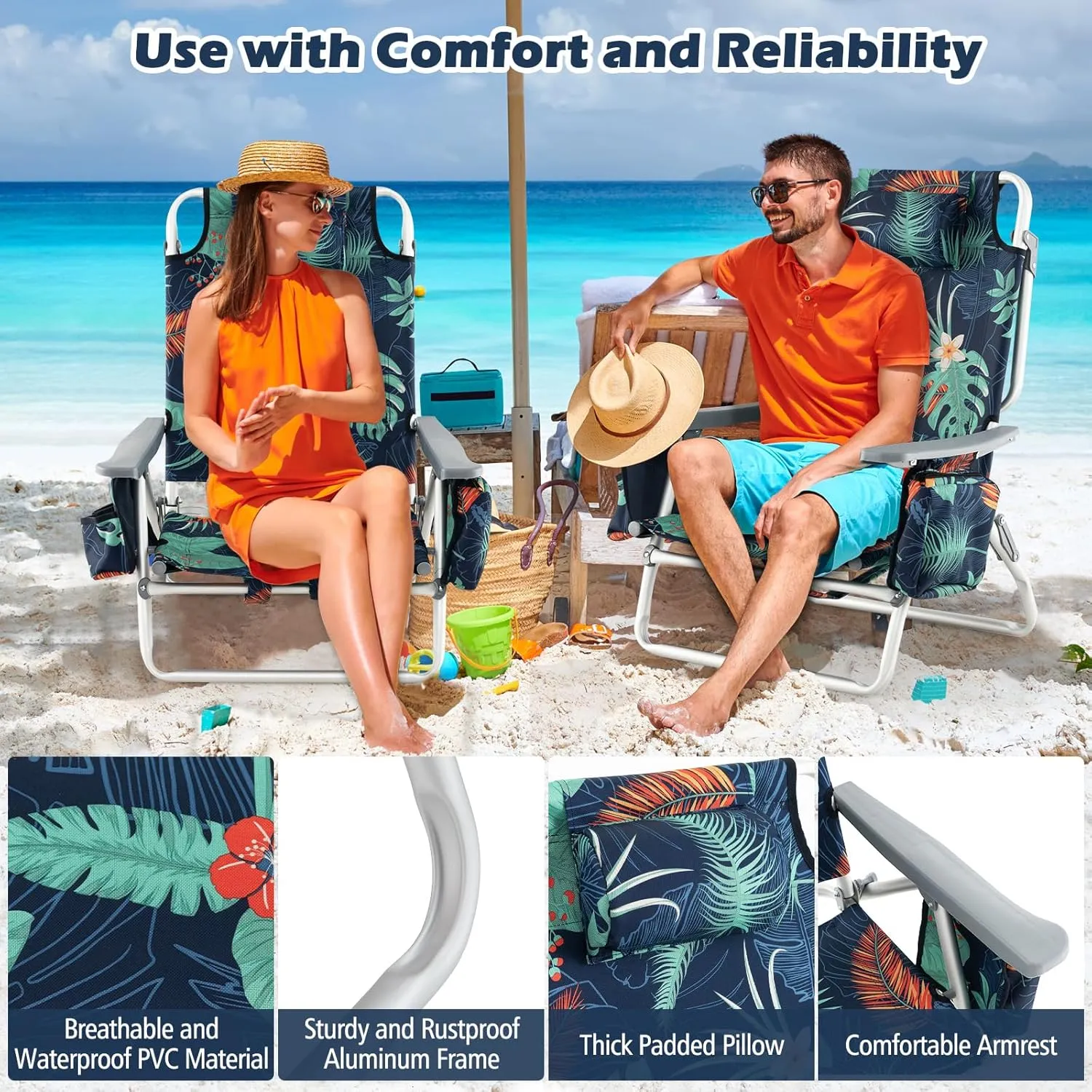 Goplus Beach Chair, Folding Backpack Beach Chairs for Adults with 5 Positions, Head Pillow, Cooler Bag, Towel Bar, Cup Holders, Sunbath Sling Tanning Lounge, Foldable Layout Camping Chairs