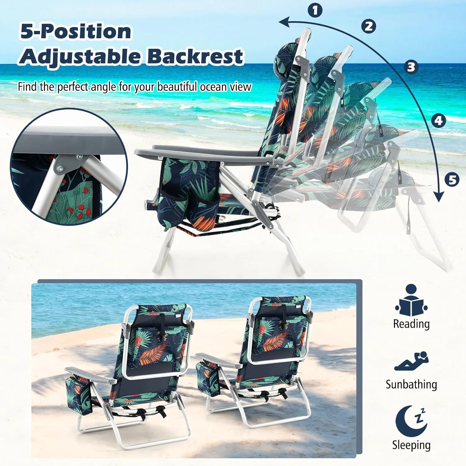 Goplus Beach Chair, Folding Backpack Beach Chairs for Adults with 5 Positions, Head Pillow, Cooler Bag, Towel Bar, Cup Holders, Sunbath Sling Tanning Lounge, Foldable Layout Camping Chairs