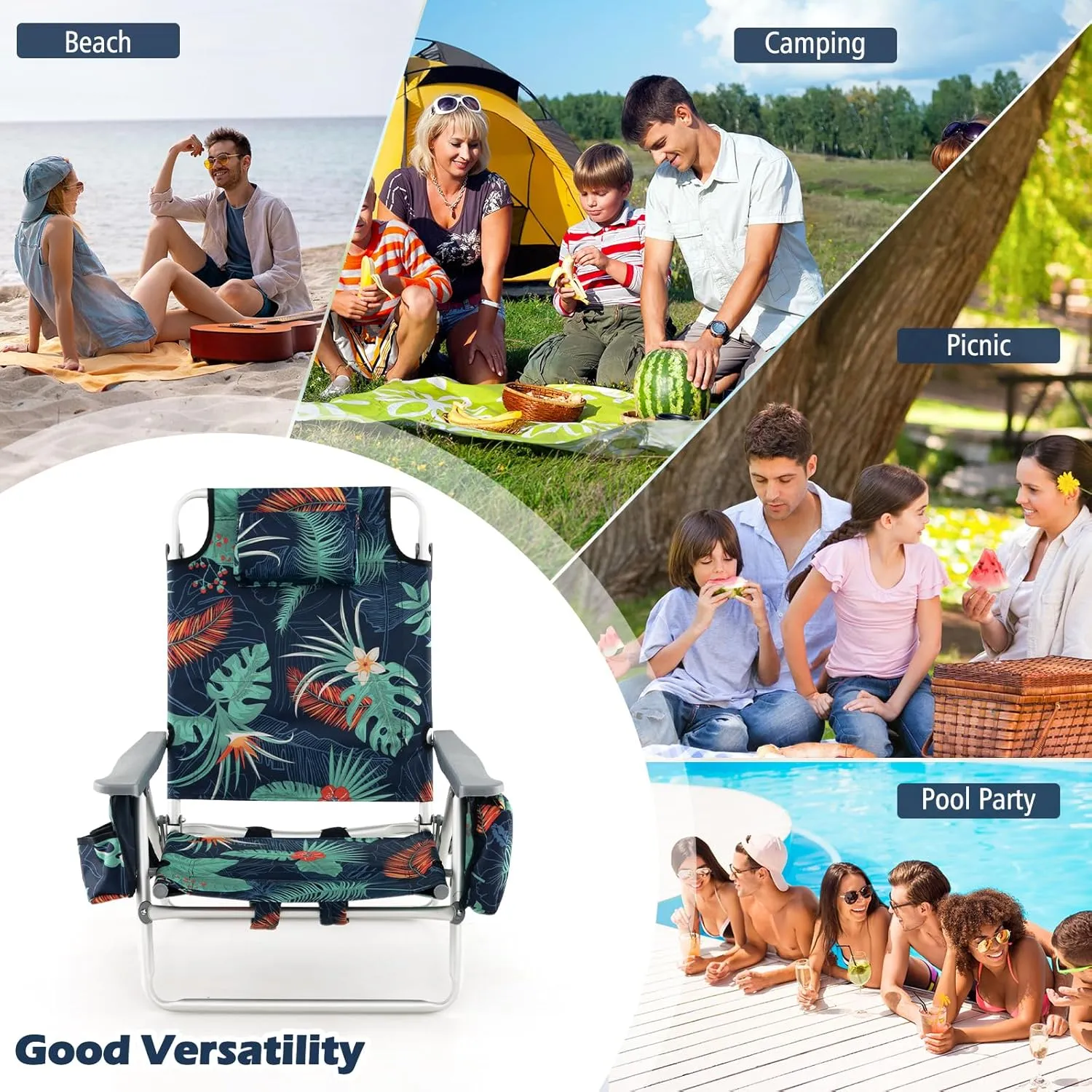 Goplus Beach Chair, Folding Backpack Beach Chairs for Adults with 5 Positions, Head Pillow, Cooler Bag, Towel Bar, Cup Holders, Sunbath Sling Tanning Lounge, Foldable Layout Camping Chairs