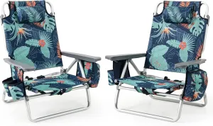 Goplus Beach Chair, Folding Backpack Beach Chairs for Adults with 5 Positions, Head Pillow, Cooler Bag, Towel Bar, Cup Holders, Sunbath Sling Tanning Lounge, Foldable Layout Camping Chairs