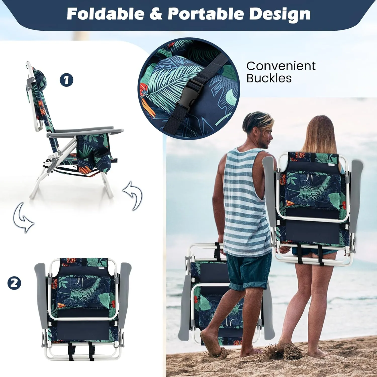 Goplus Beach Chair, Folding Backpack Beach Chairs for Adults with 5 Positions, Head Pillow, Cooler Bag, Towel Bar, Cup Holders, Sunbath Sling Tanning Lounge, Foldable Layout Camping Chairs