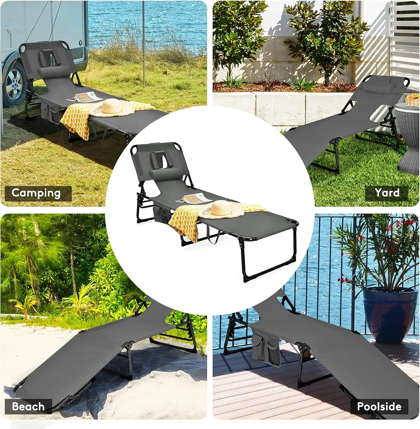 Goplus Tanning Chair, Folding Beach Lounge Chair with Face &Arm Hole, 5-Position Adjustable,Removable Pillow,Side Pocket, Sunbathing Chair, Portable Outdoor Lounge Chair for Patio Pool Lawn (1, Gray)