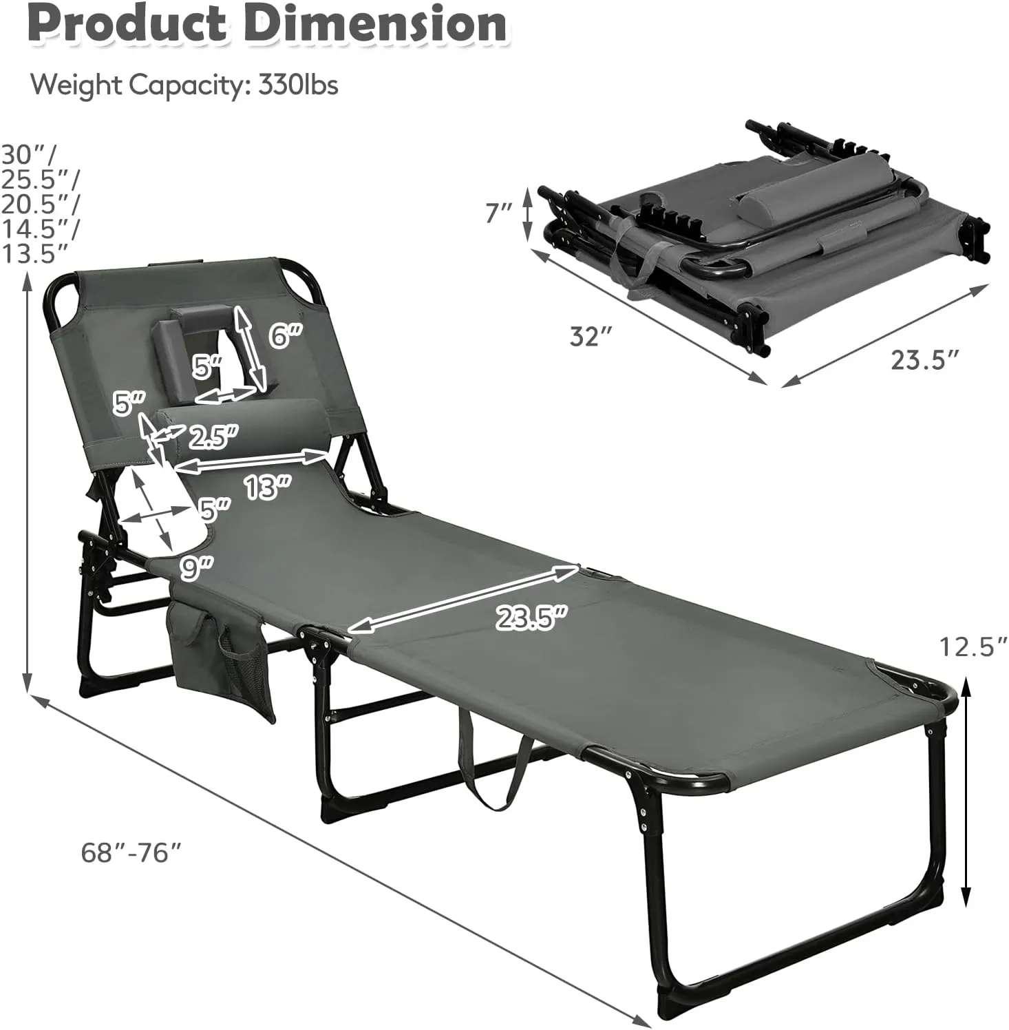 Goplus Tanning Chair, Folding Beach Lounge Chair with Face &Arm Hole, 5-Position Adjustable,Removable Pillow,Side Pocket, Sunbathing Chair, Portable Outdoor Lounge Chair for Patio Pool Lawn (1, Gray)
