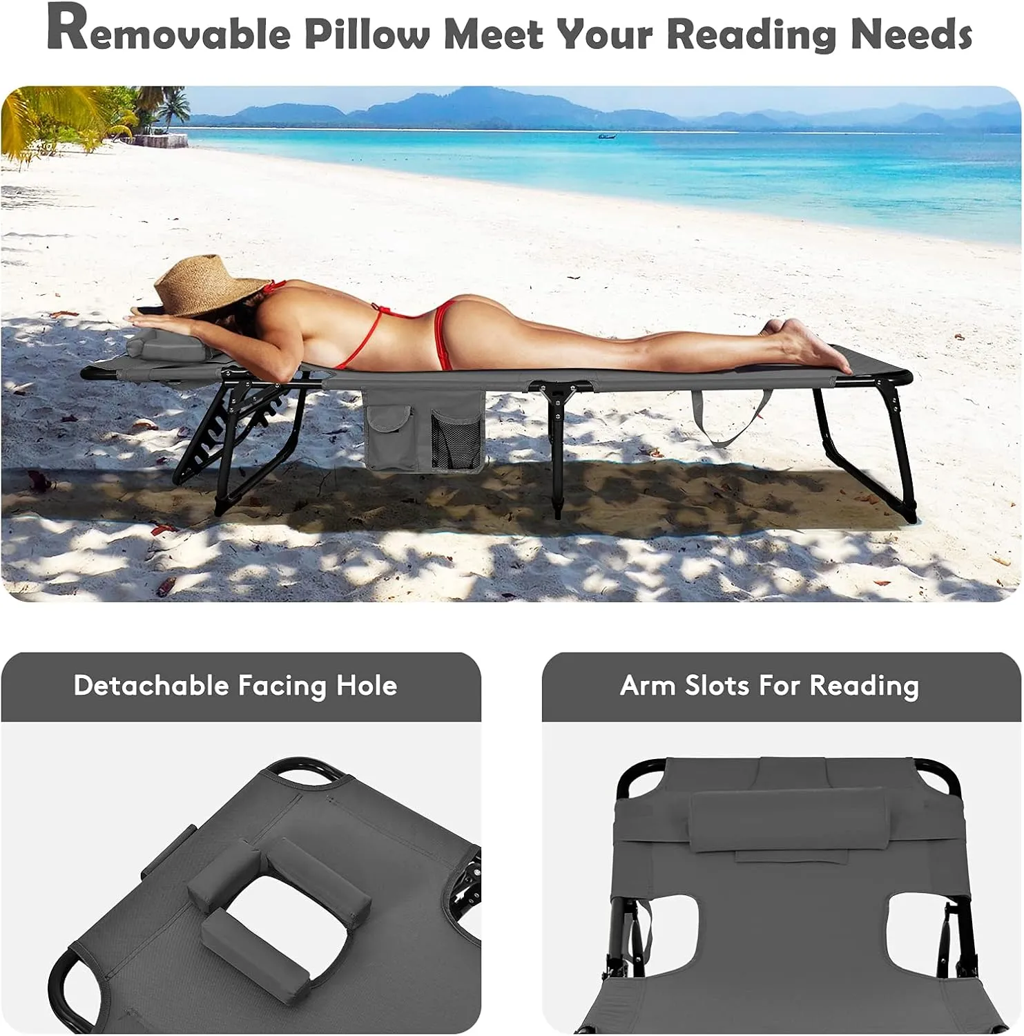 Goplus Tanning Chair, Folding Beach Lounge Chair with Face &Arm Hole, 5-Position Adjustable,Removable Pillow,Side Pocket, Sunbathing Chair, Portable Outdoor Lounge Chair for Patio Pool Lawn (1, Gray)
