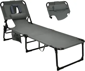 Goplus Tanning Chair, Folding Beach Lounge Chair with Face &Arm Hole, 5-Position Adjustable,Removable Pillow,Side Pocket, Sunbathing Chair, Portable Outdoor Lounge Chair for Patio Pool Lawn (1, Gray)