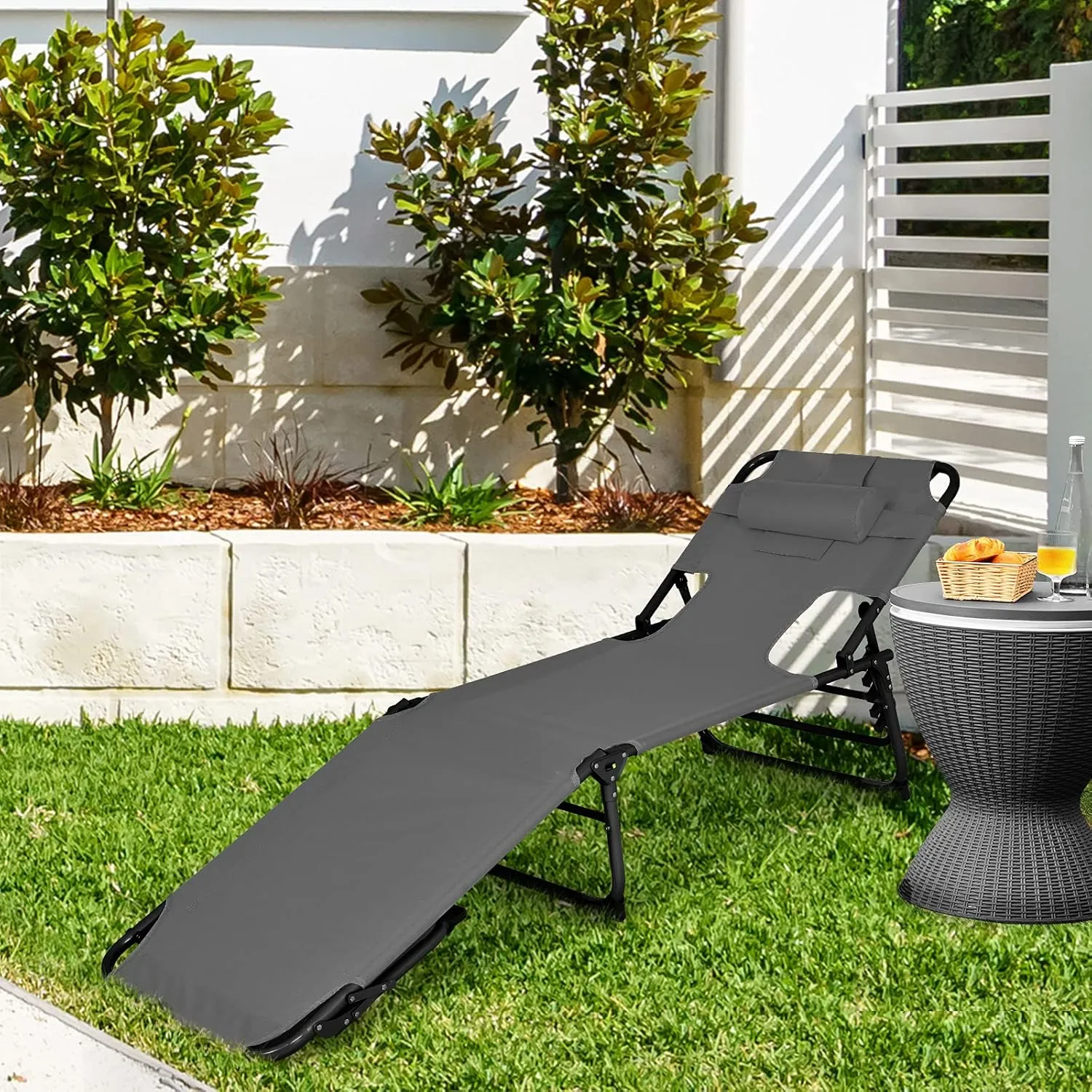Goplus Tanning Chair, Folding Beach Lounge Chair with Face &Arm Hole, 5-Position Adjustable,Removable Pillow,Side Pocket, Sunbathing Chair, Portable Outdoor Lounge Chair for Patio Pool Lawn (1, Gray)