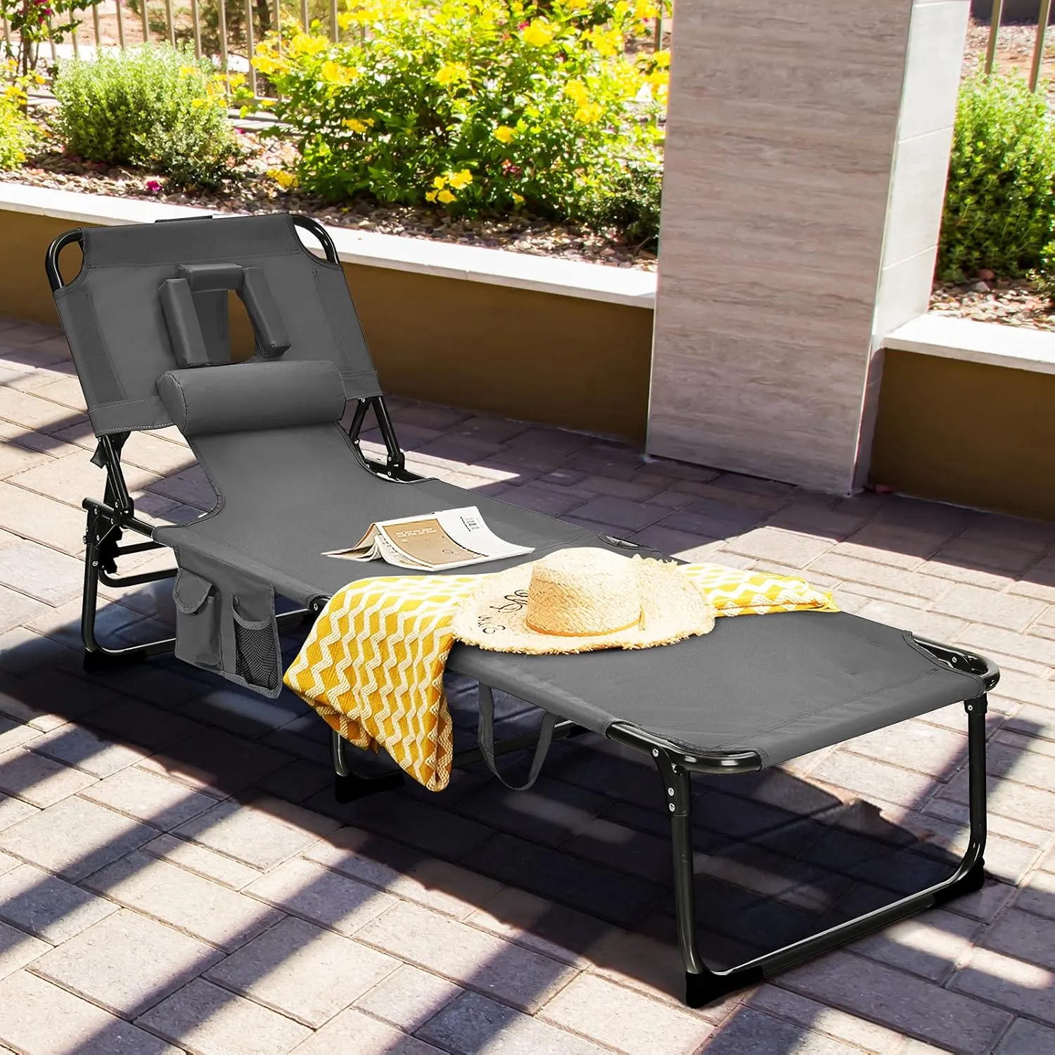 Goplus Tanning Chair, Folding Beach Lounge Chair with Face &Arm Hole, 5-Position Adjustable,Removable Pillow,Side Pocket, Sunbathing Chair, Portable Outdoor Lounge Chair for Patio Pool Lawn (1, Gray)