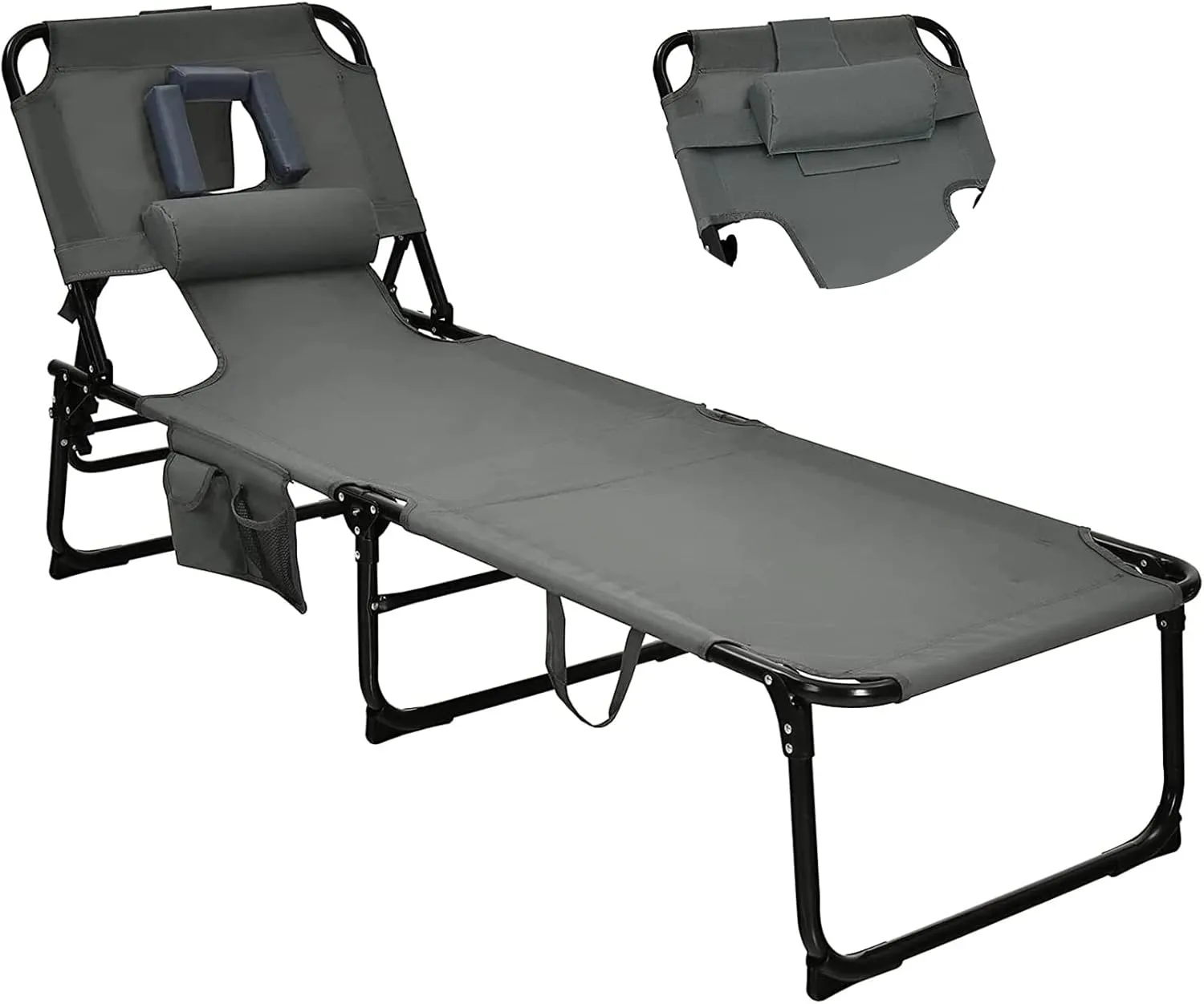 Goplus Tanning Chair, Folding Beach Lounge Chair with Face &Arm Hole, 5-Position Adjustable,Removable Pillow,Side Pocket, Sunbathing Chair, Portable Outdoor Lounge Chair for Patio Pool Lawn (1, Gray)