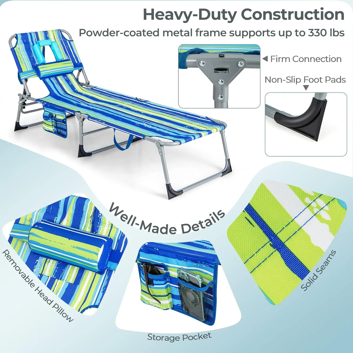 Goplus Tanning Chair, Folding Beach Lounge Chair with Face &Arm Hole, 5-Position Adjustable,Removable Pillow,Side Pocket, Sunbathing Chair, Portable Outdoor Lounge Chair for Patio Pool Lawn