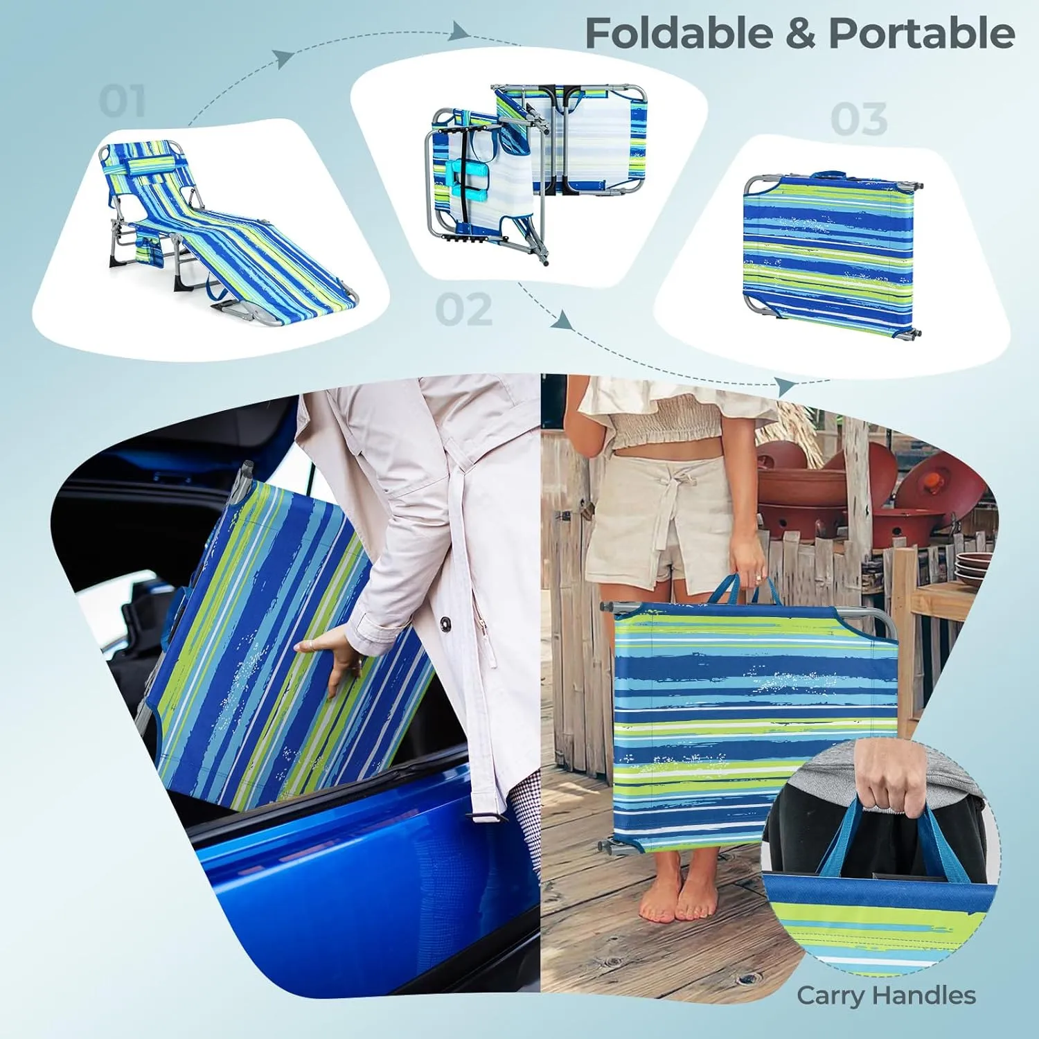Goplus Tanning Chair, Folding Beach Lounge Chair with Face &Arm Hole, 5-Position Adjustable,Removable Pillow,Side Pocket, Sunbathing Chair, Portable Outdoor Lounge Chair for Patio Pool Lawn