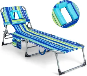 Goplus Tanning Chair, Folding Beach Lounge Chair with Face &Arm Hole, 5-Position Adjustable,Removable Pillow,Side Pocket, Sunbathing Chair, Portable Outdoor Lounge Chair for Patio Pool Lawn