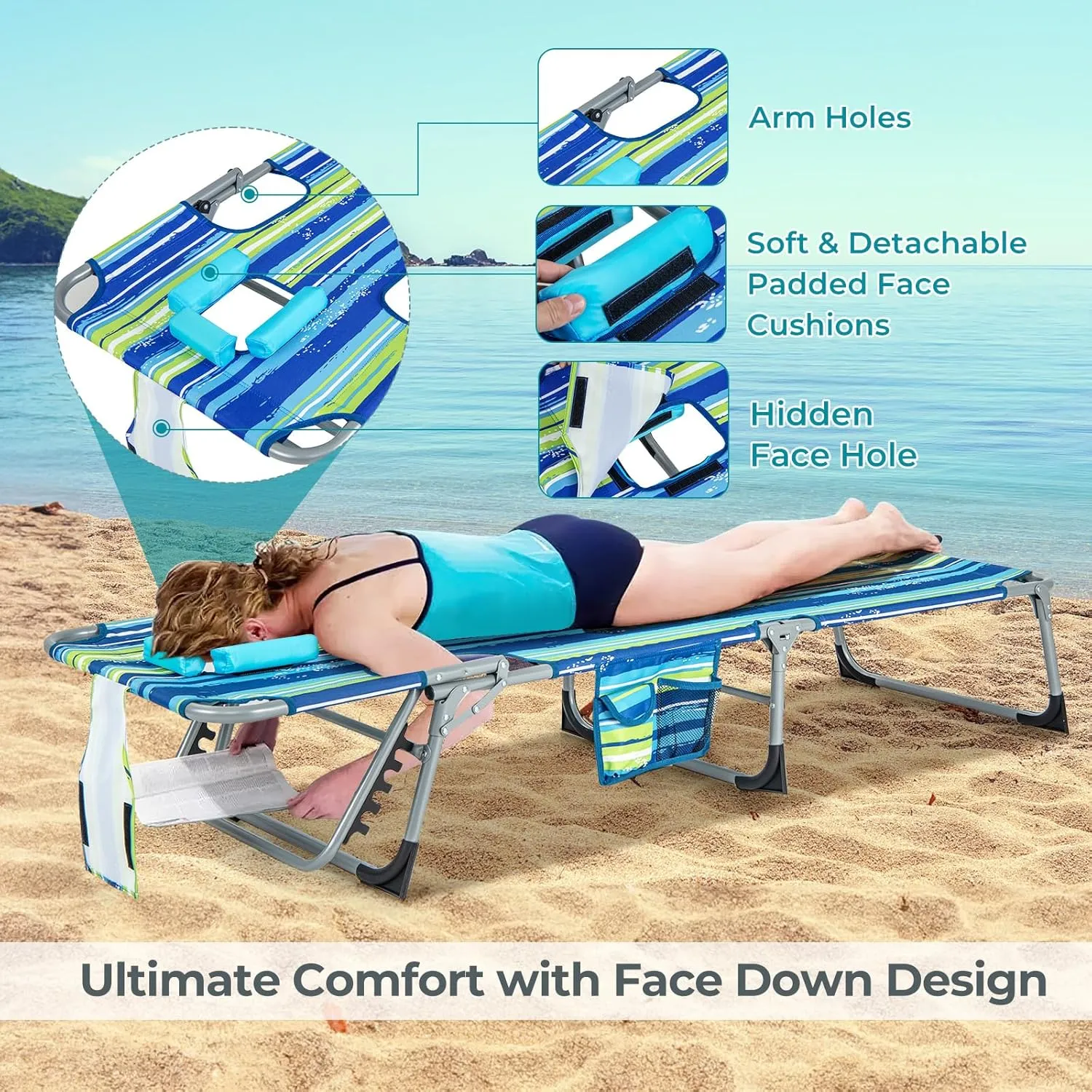 Goplus Tanning Chair, Folding Beach Lounge Chair with Face &Arm Hole, 5-Position Adjustable,Removable Pillow,Side Pocket, Sunbathing Chair, Portable Outdoor Lounge Chair for Patio Pool Lawn