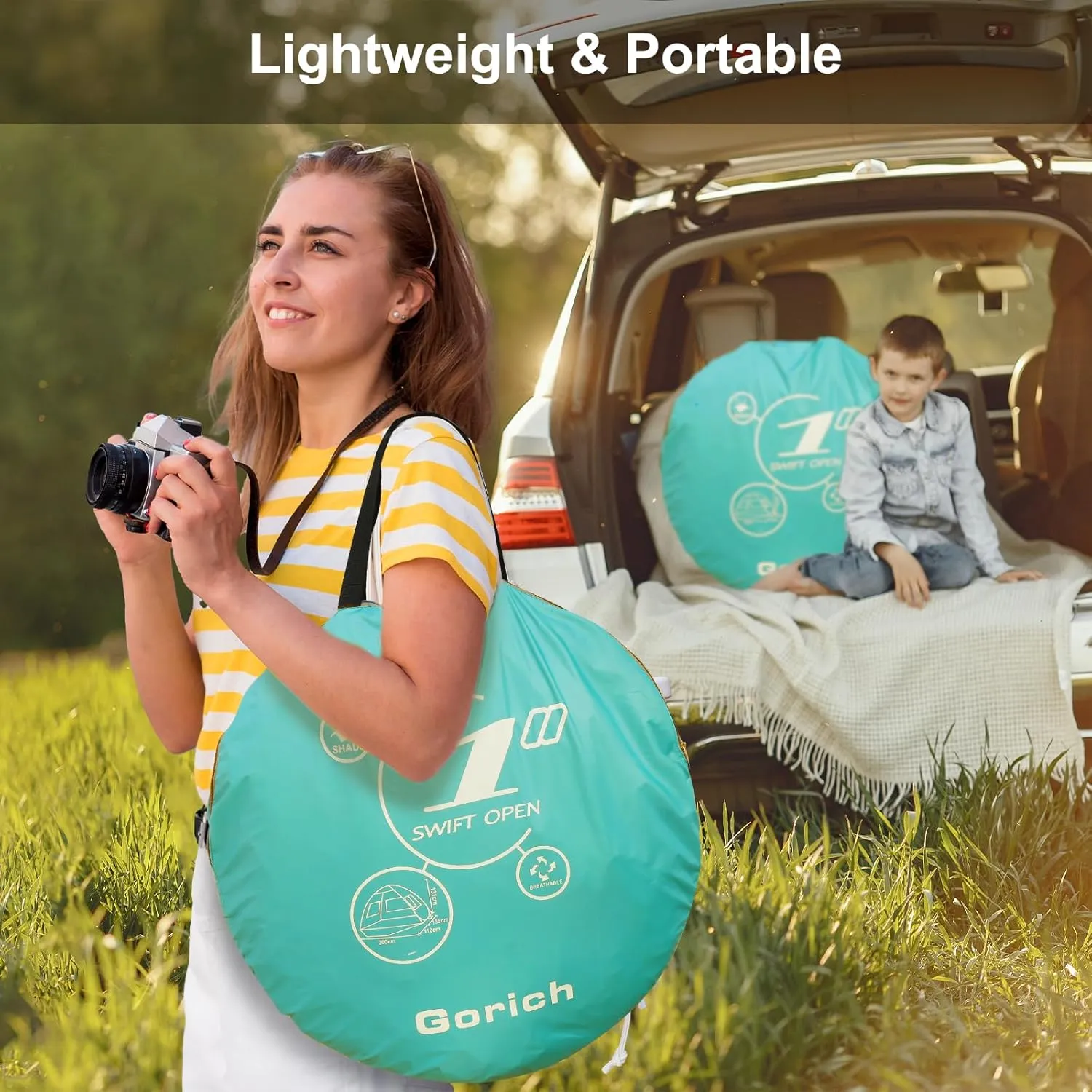 Gorich Easy Pop Up Beach Tent for 3-4 Person, UPF 50  UV Protection Beach Umbrella Sun Shelter, Portable Lightweight Cool Cabana Shade with Easy Foldable & Instant Setup