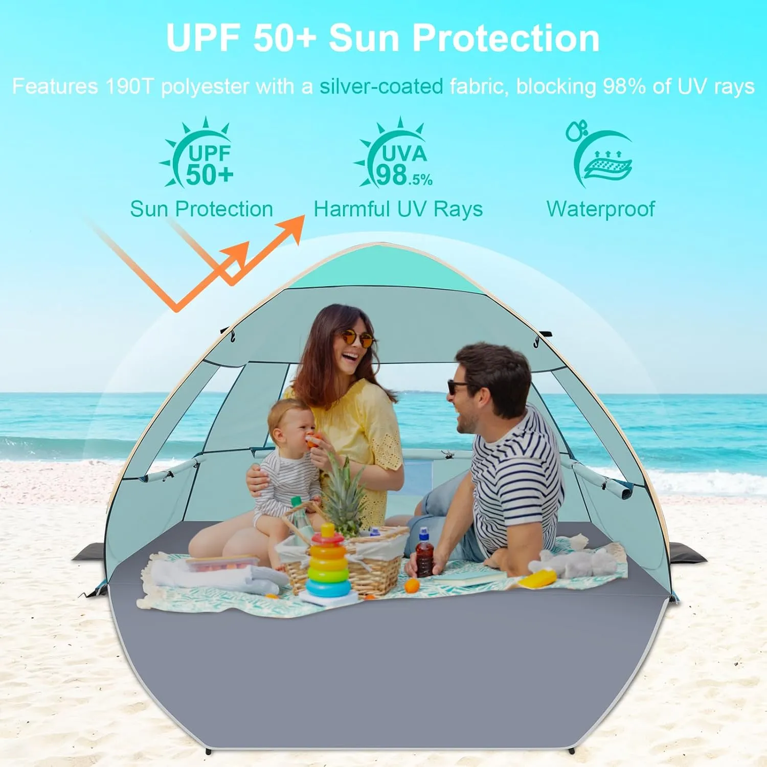 Gorich Easy Pop Up Beach Tent for 3-4 Person, UPF 50  UV Protection Beach Umbrella Sun Shelter, Portable Lightweight Cool Cabana Shade with Easy Foldable & Instant Setup