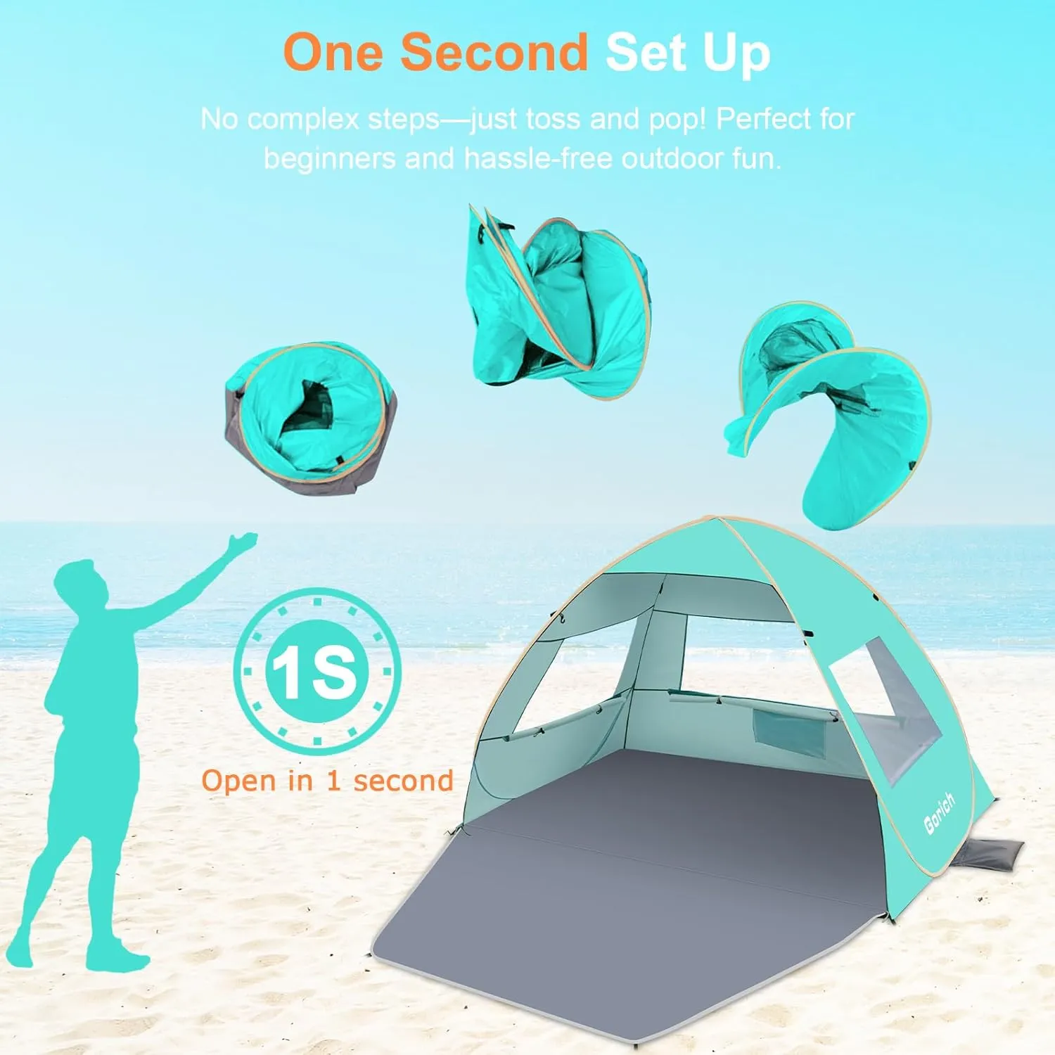 Gorich Easy Pop Up Beach Tent for 3-4 Person, UPF 50  UV Protection Beach Umbrella Sun Shelter, Portable Lightweight Cool Cabana Shade with Easy Foldable & Instant Setup