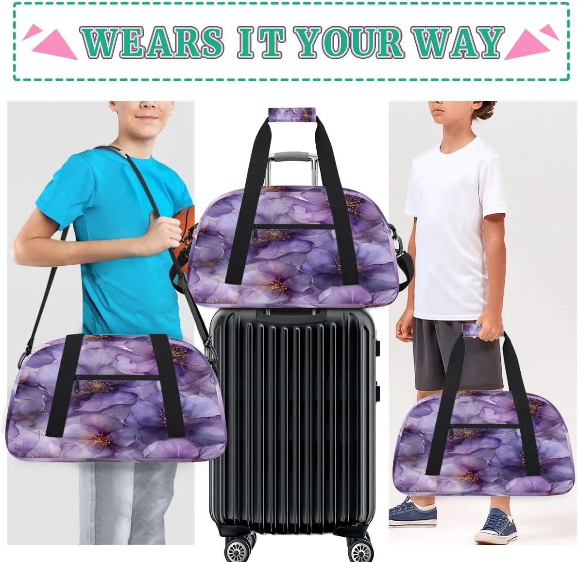 Gradient Flowers Kids Overnighter Duffel Bags for Boys, Carry-On Size Sports Gym Bag with Front Zipper Pocket for School Practice or Overnight Travel Weekender Sleepover Tote Bag