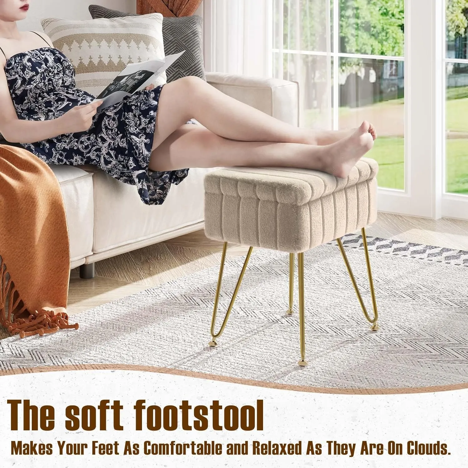 Greenstell Vanity Stool Chair Faux Fur with Storage, 15.7"L x 11.8"W x 19.4"H Soft Ottoman 4 Metal Legs with Anti-Slip Feet, Furry Padded Seat, Modern Multifunctional Chairs for Makeup, Bedroom,Camel
