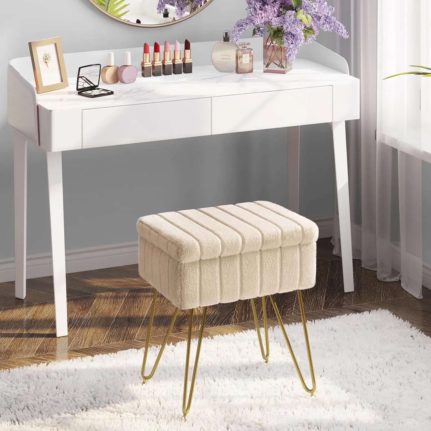 Greenstell Vanity Stool Chair Faux Fur with Storage, 15.7"L x 11.8"W x 19.4"H Soft Ottoman 4 Metal Legs with Anti-Slip Feet, Furry Padded Seat, Modern Multifunctional Chairs for Makeup, Bedroom,Camel