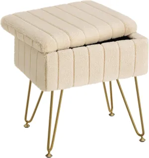 Greenstell Vanity Stool Chair Faux Fur with Storage, 15.7"L x 11.8"W x 19.4"H Soft Ottoman 4 Metal Legs with Anti-Slip Feet, Furry Padded Seat, Modern Multifunctional Chairs for Makeup, Bedroom,Camel