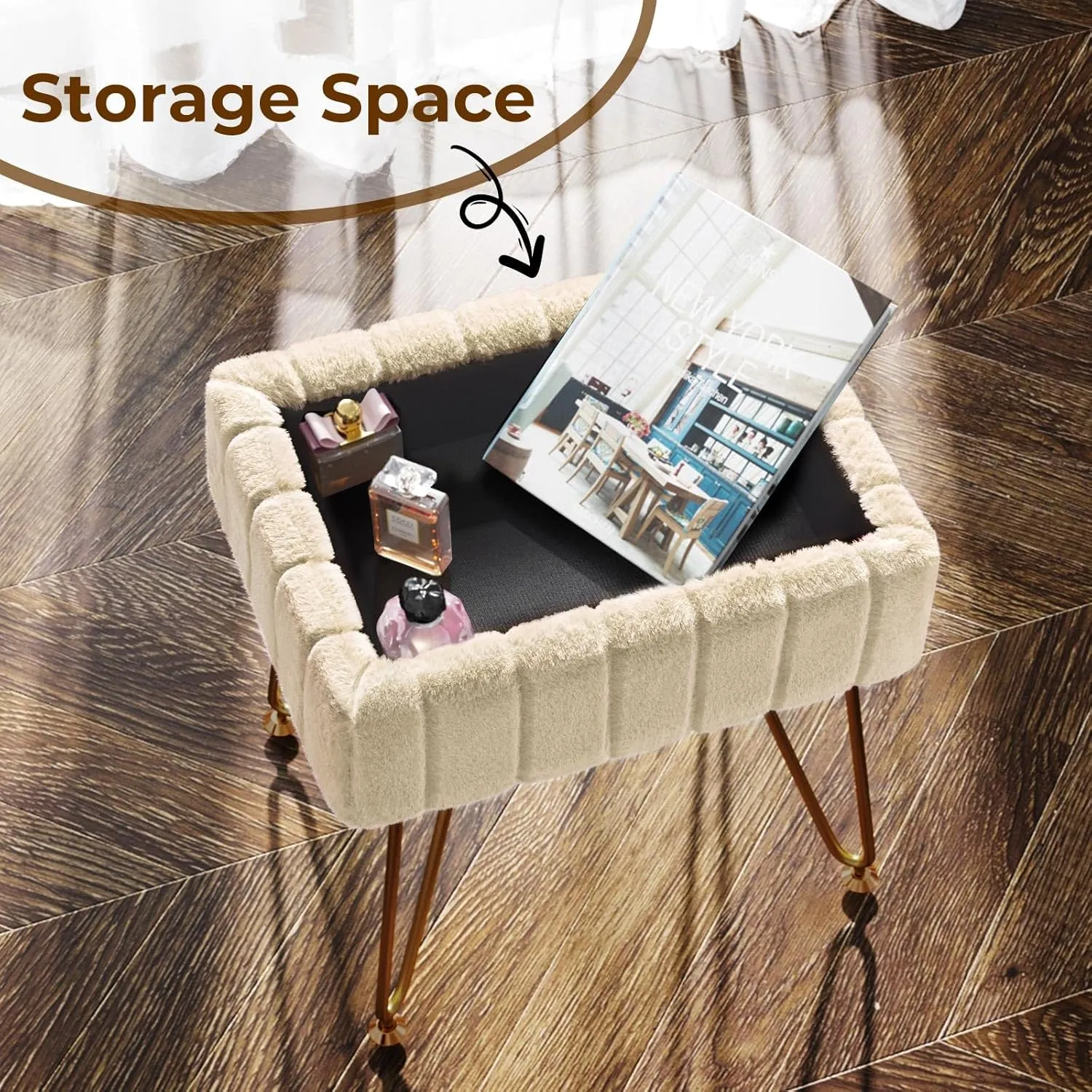 Greenstell Vanity Stool Chair Faux Fur with Storage, 15.7"L x 11.8"W x 19.4"H Soft Ottoman 4 Metal Legs with Anti-Slip Feet, Furry Padded Seat, Modern Multifunctional Chairs for Makeup, Bedroom,Camel