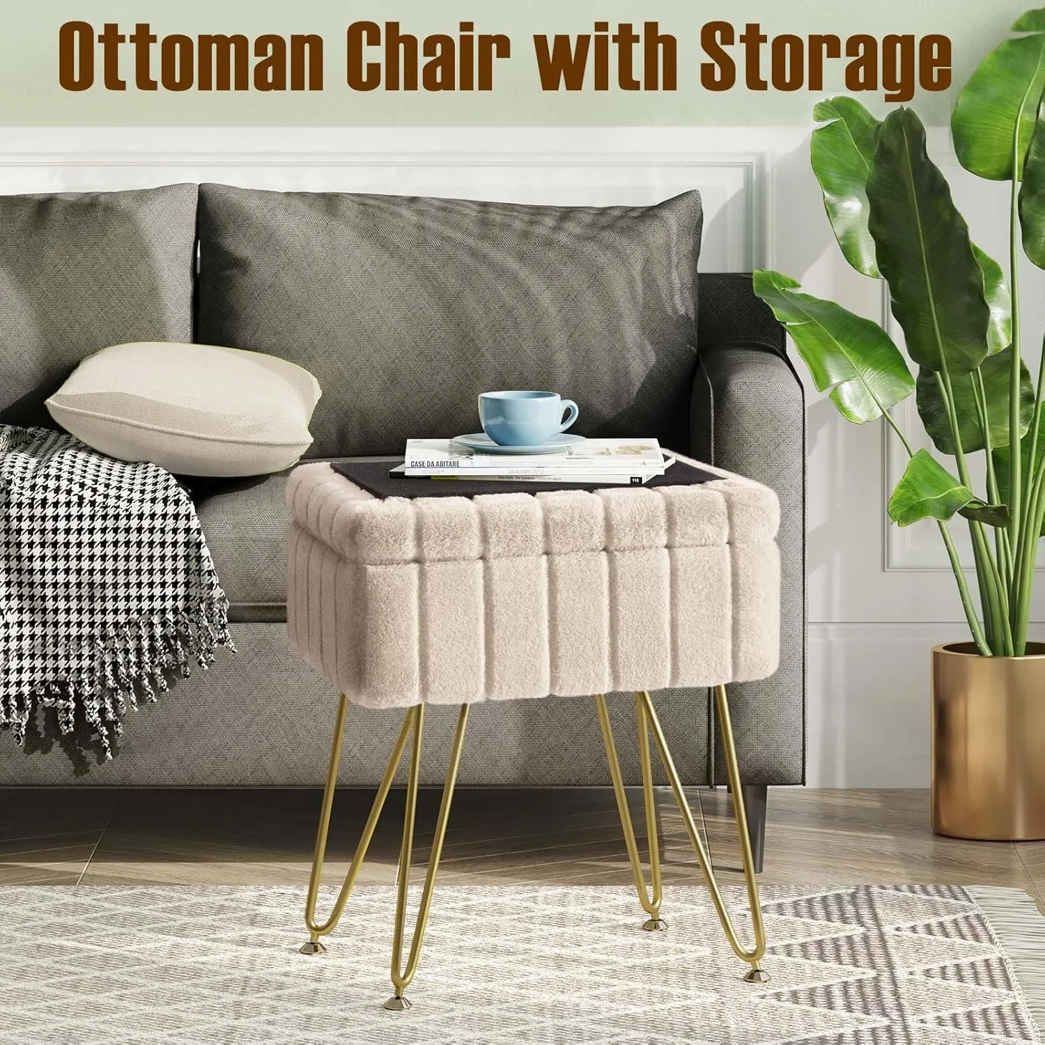 Greenstell Vanity Stool Chair Faux Fur with Storage, 15.7"L x 11.8"W x 19.4"H Soft Ottoman 4 Metal Legs with Anti-Slip Feet, Furry Padded Seat, Modern Multifunctional Chairs for Makeup, Bedroom,Camel