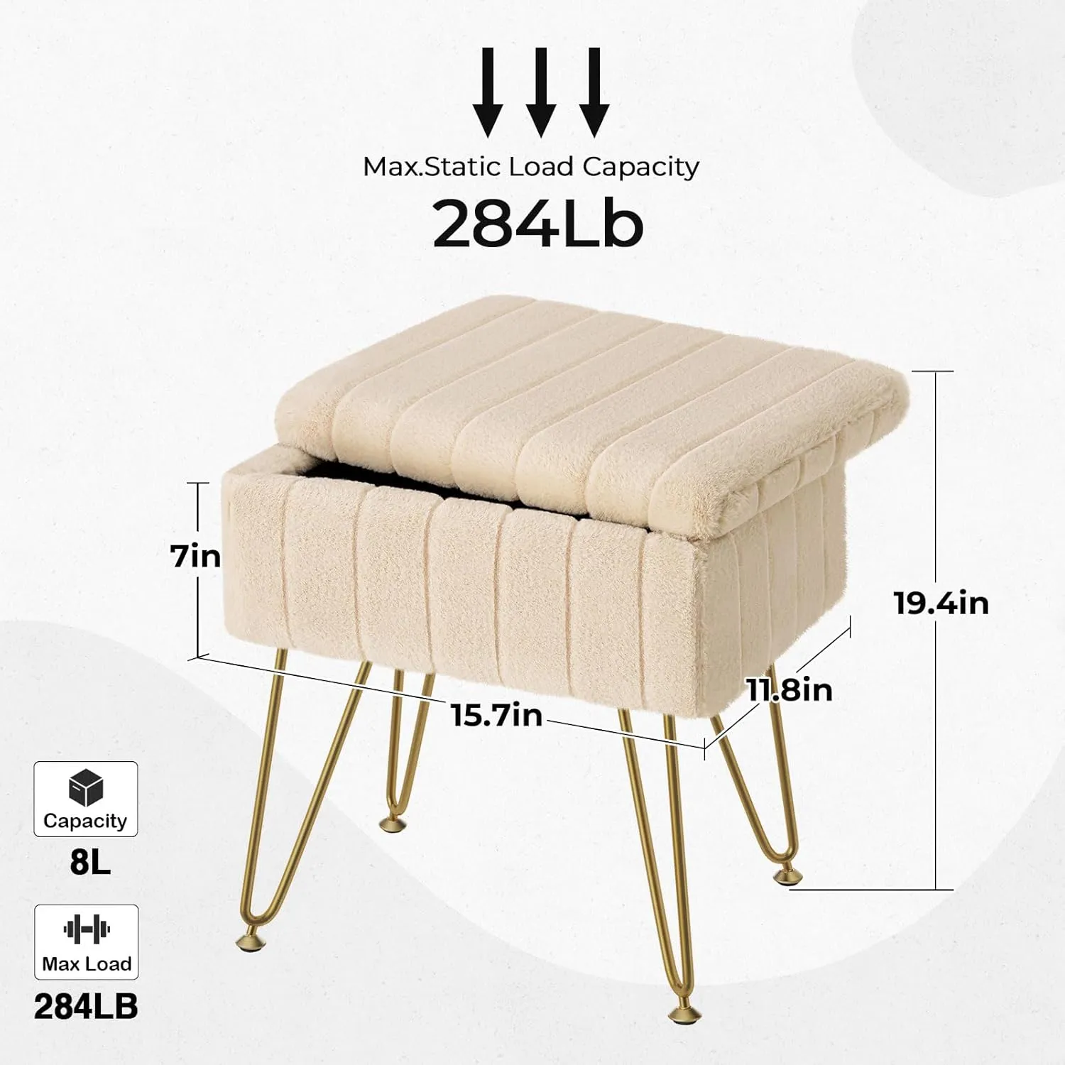 Greenstell Vanity Stool Chair Faux Fur with Storage, 15.7"L x 11.8"W x 19.4"H Soft Ottoman 4 Metal Legs with Anti-Slip Feet, Furry Padded Seat, Modern Multifunctional Chairs for Makeup, Bedroom,Camel