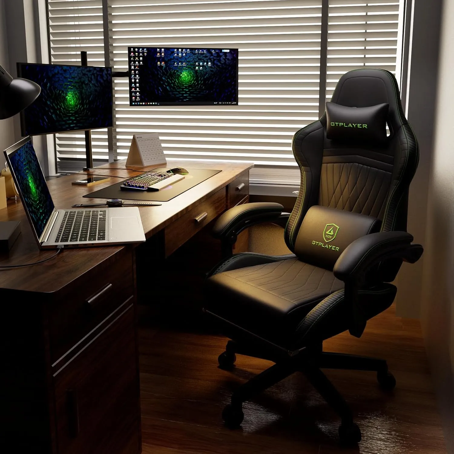 GTPLAYER Gaming Chair with Speakers, Video Game Chairs with Footrest, PC Gamer Chairs for Adults - Padded High Back Ergonomic Reclining Silla Gamer, Linkage Armrest, Ace Pro, Green