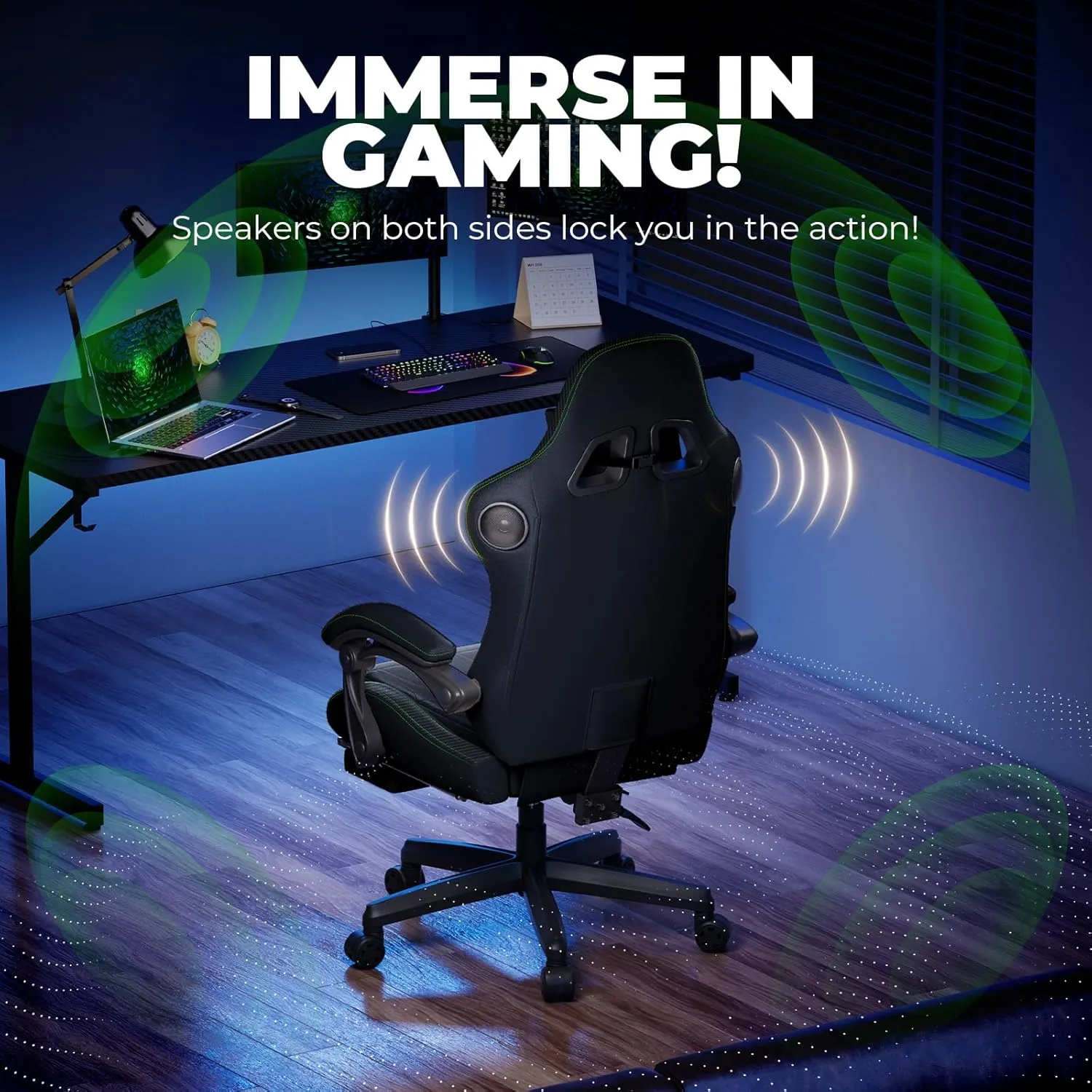 GTPLAYER Gaming Chair with Speakers, Video Game Chairs with Footrest, PC Gamer Chairs for Adults - Padded High Back Ergonomic Reclining Silla Gamer, Linkage Armrest, Ace Pro, Green
