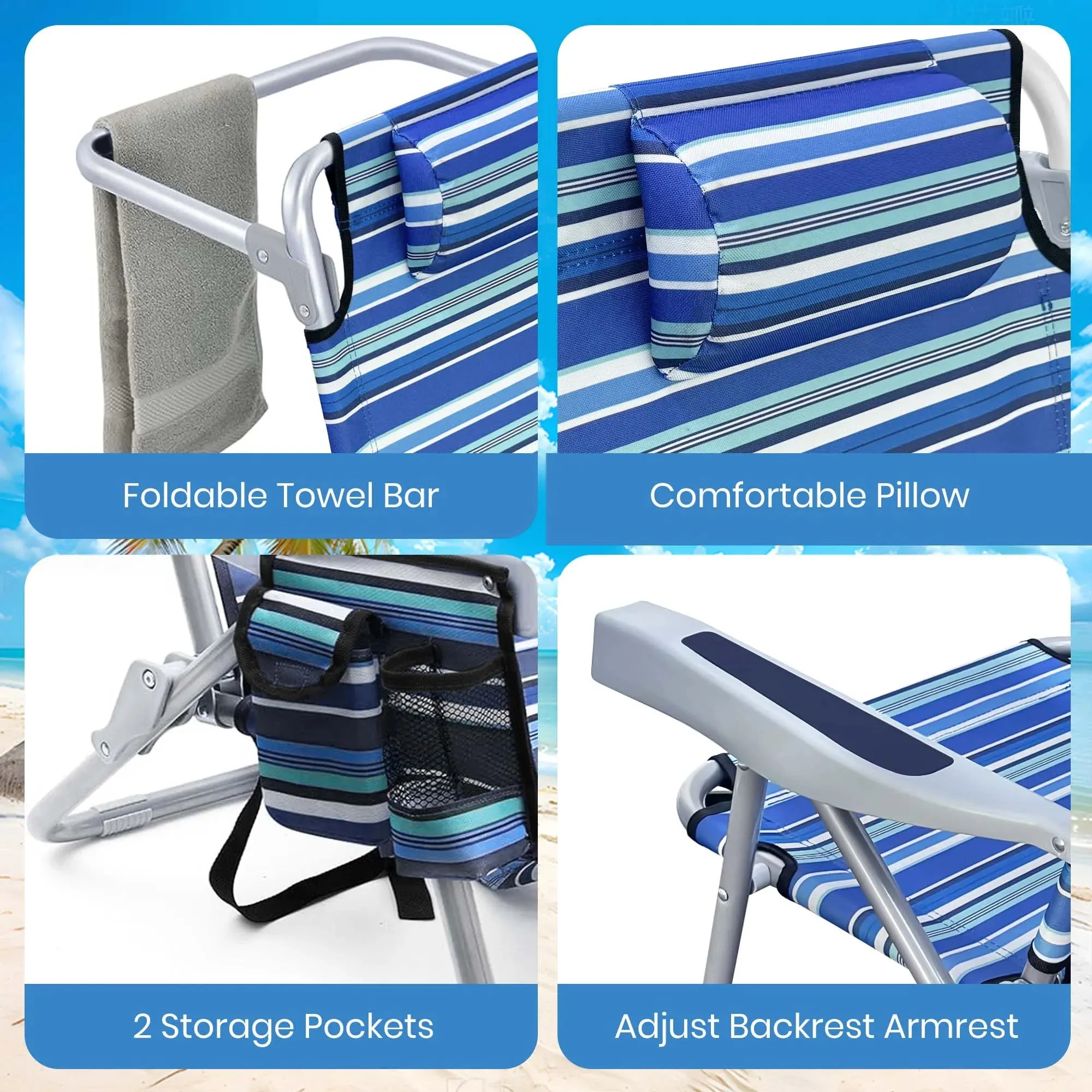 GVDV Backpack Beach Chair for Adults, Portable Folding Beach Chair with Storage Pouch and Pillow, Reclining Chair for Beach, Camp, Outdoor