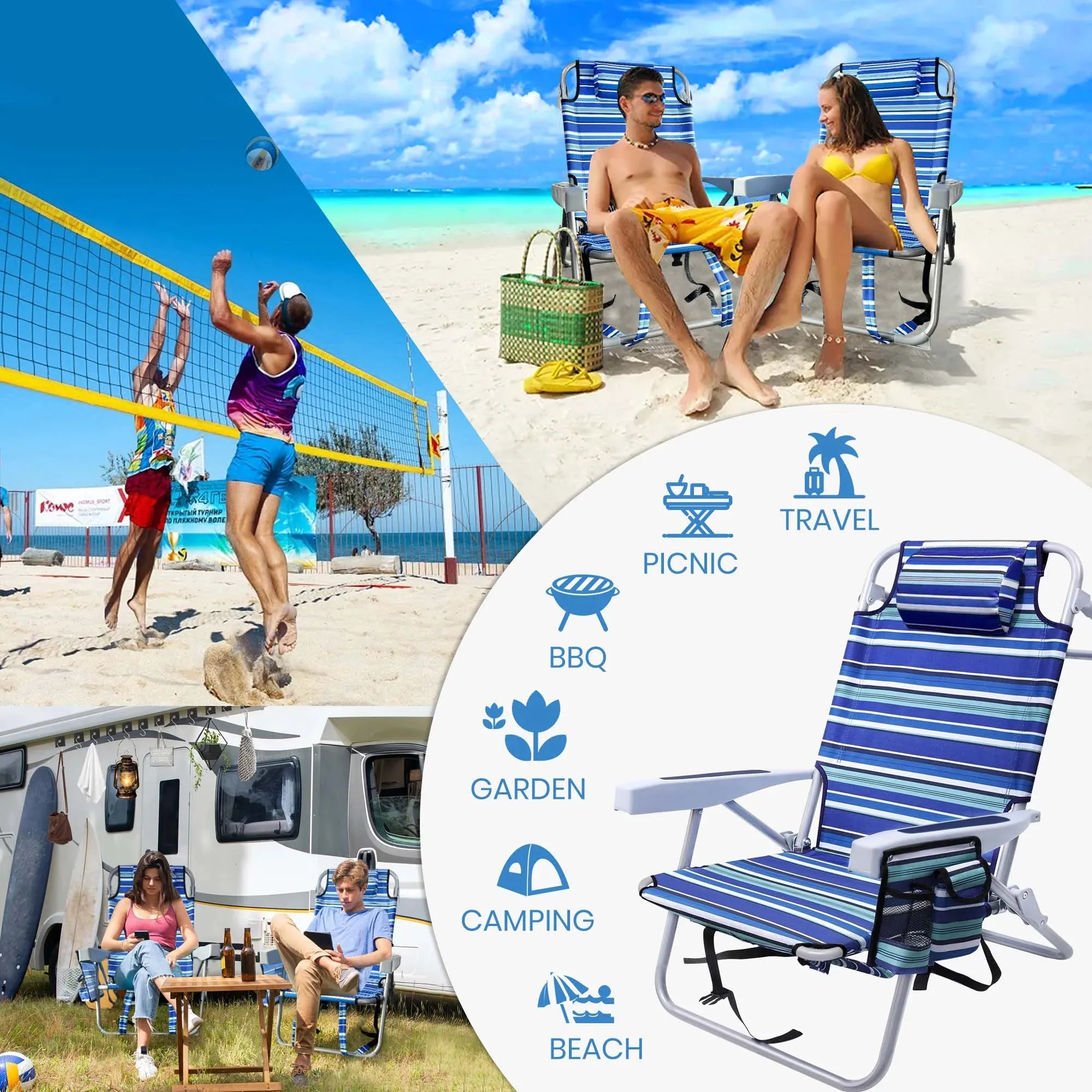 GVDV Backpack Beach Chair for Adults, Portable Folding Beach Chair with Storage Pouch and Pillow, Reclining Chair for Beach, Camp, Outdoor