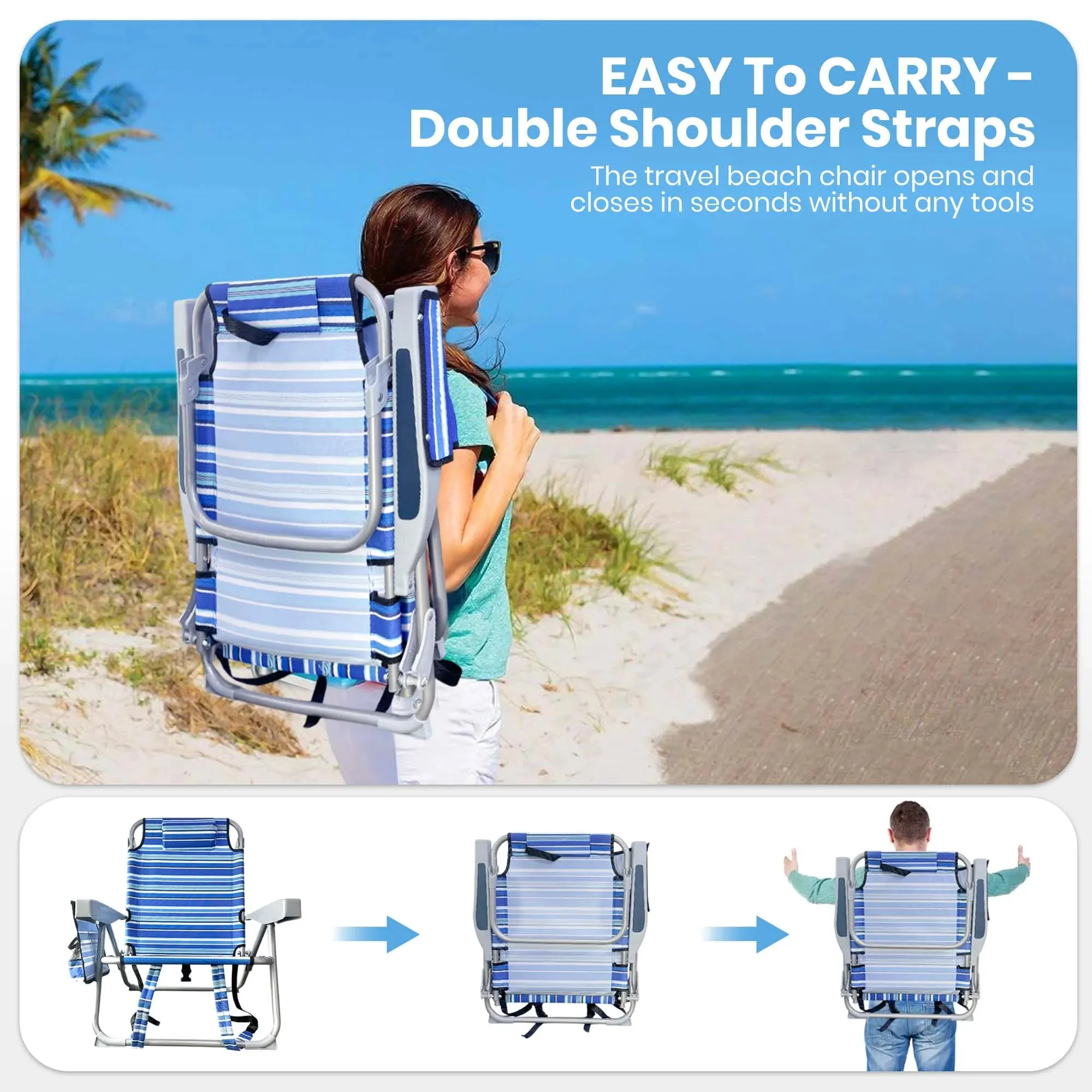 GVDV Backpack Beach Chair for Adults, Portable Folding Beach Chair with Storage Pouch and Pillow, Reclining Chair for Beach, Camp, Outdoor