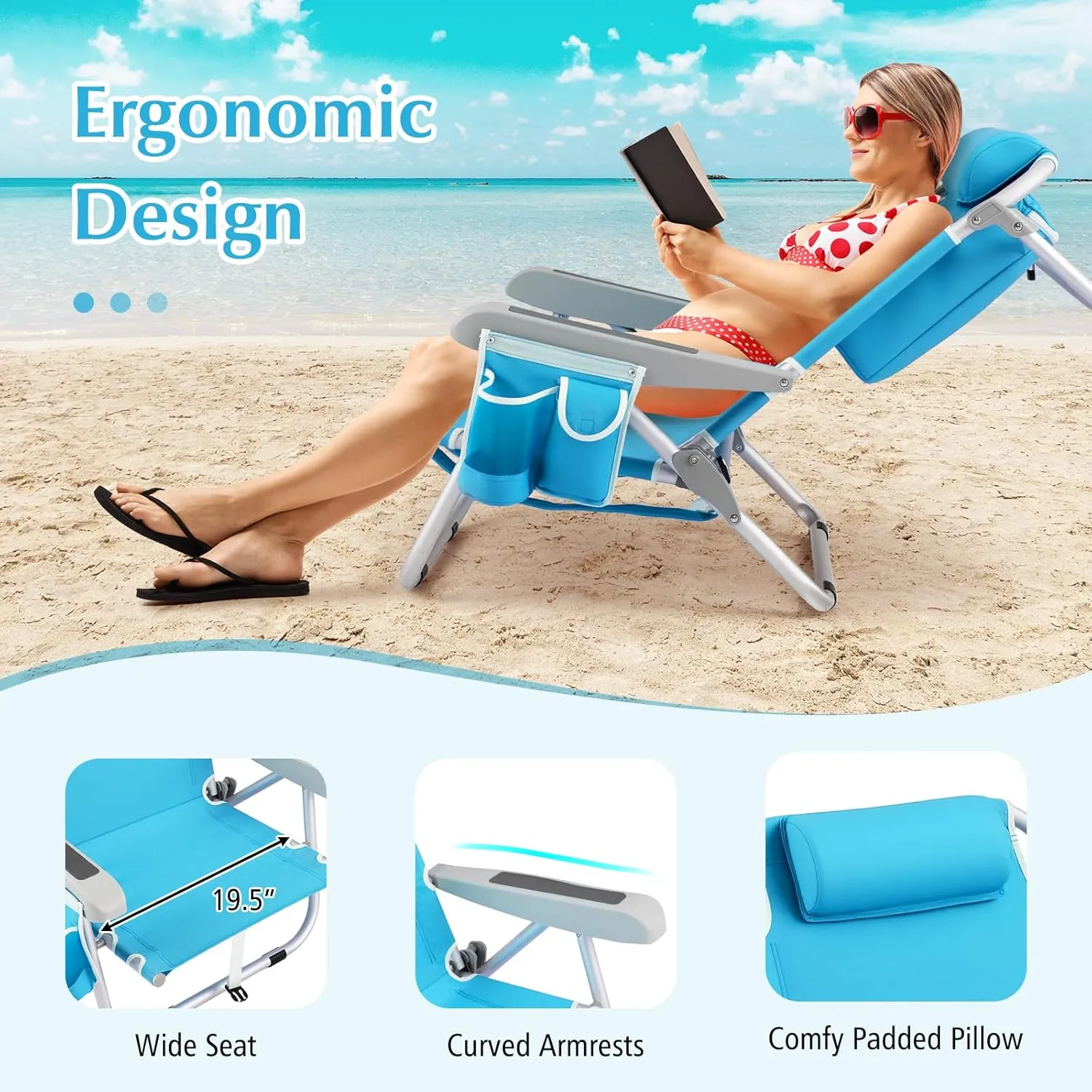 GYMAX Beach Chair, 330lbs Backpack Lounger with 5-Position Backrest, Storage Bag, Side Pocket, Towel Bar & Headrest, Foldable Low Beach Lounge, Portable Aluminum Lay Out Camp Chair (1, Light Blue)