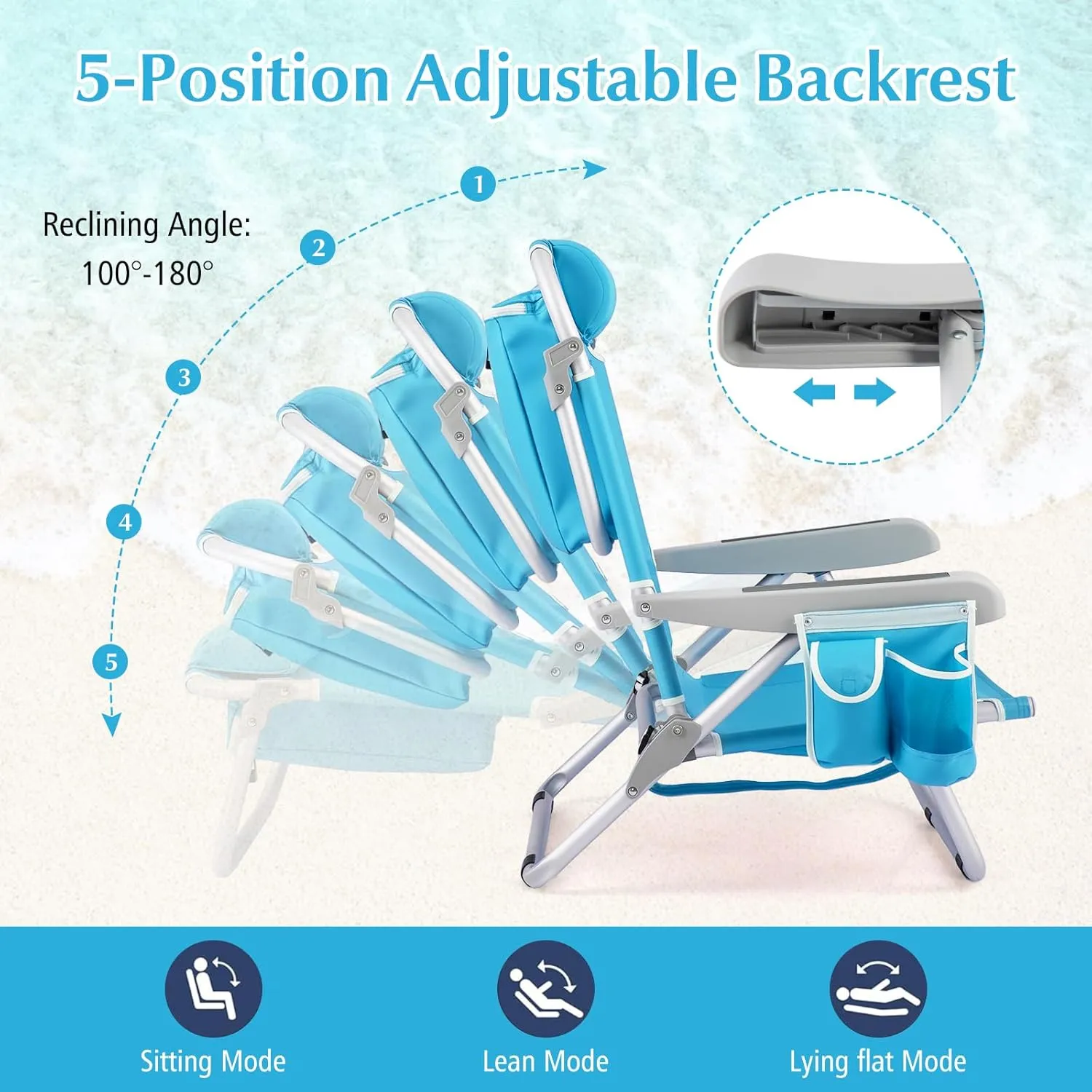 GYMAX Beach Chair, 330lbs Backpack Lounger with 5-Position Backrest, Storage Bag, Side Pocket, Towel Bar & Headrest, Foldable Low Beach Lounge, Portable Aluminum Lay Out Camp Chair (1, Light Blue)